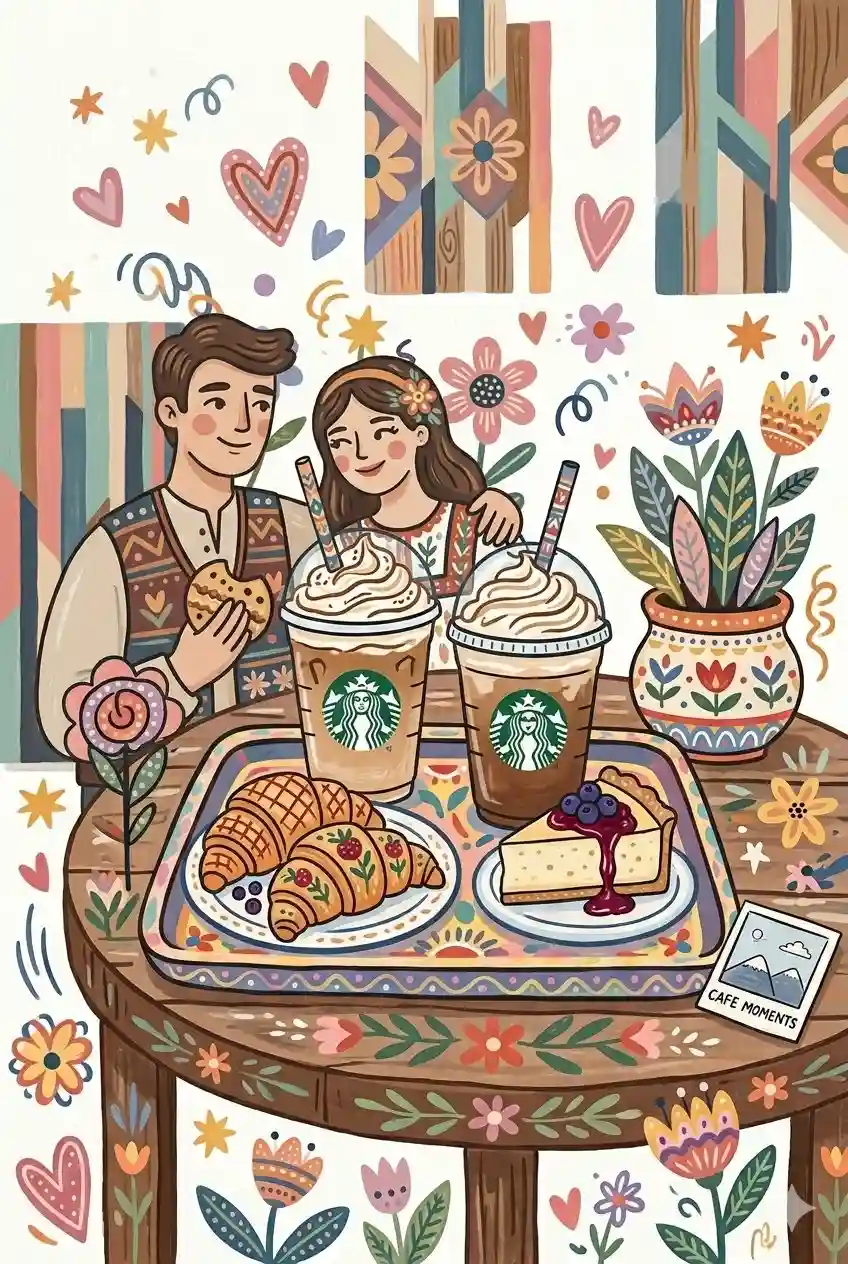 trend prompt: A whimsical, folk-art-inspired illustration of a cozy cafe date featuring a young couple sharing a tray of treats. The scene is filled with vibrant floral patterns, hearts, and stars, creating a warm and romantic atmosphere. On a decorated wooden table sits a colorful tray holding two Starbucks iced coffees topped with whipped cream, two intricately patterned croissants, and a slice of blueberry cheesecake. The couple is dressed in bohemian-style clothing with embroidered details, and the background is a playful mix of abstract shapes and potted plants, all rendered in a charming, hand-drawn aesthetic.