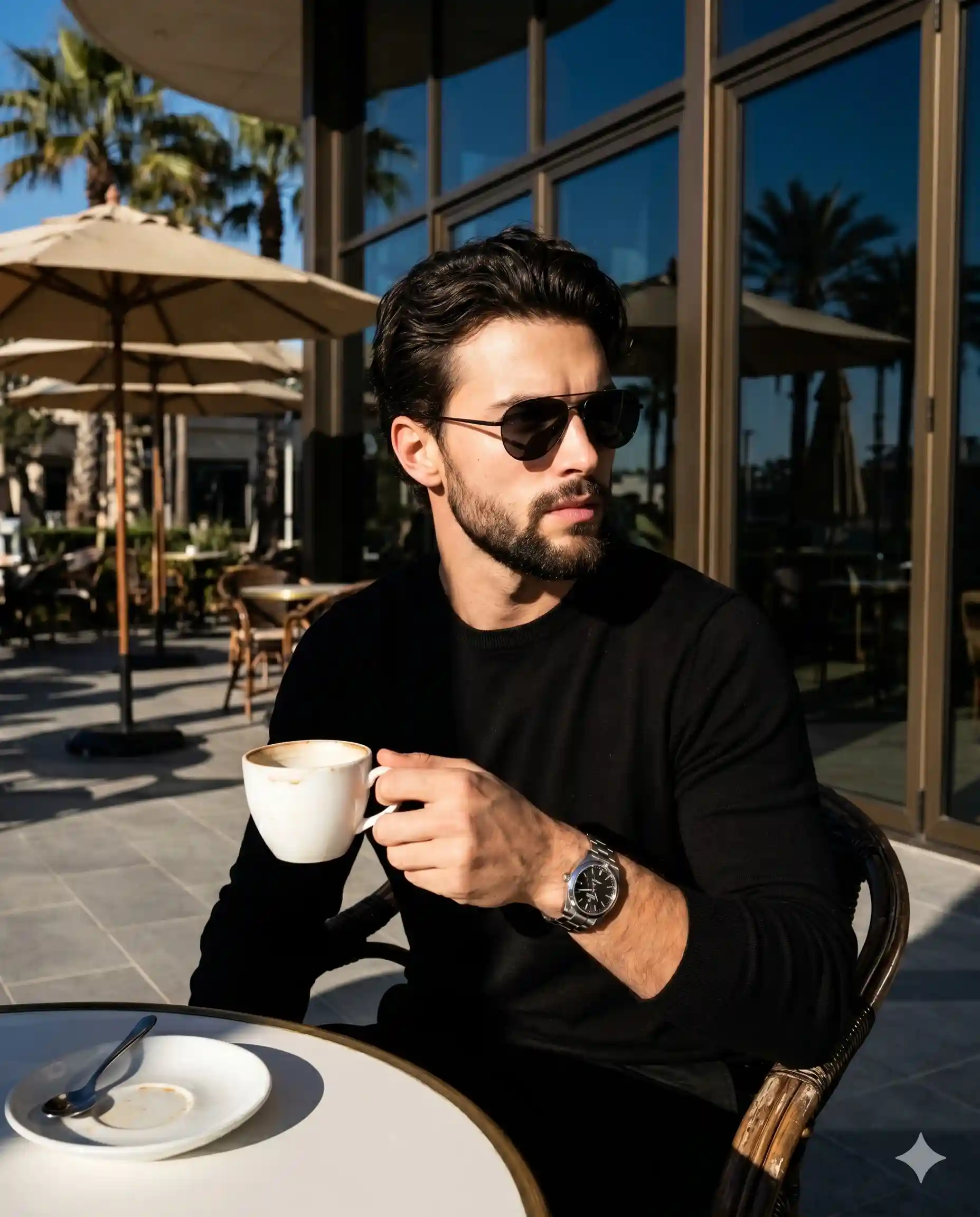 trend prompt: An adult male sits angled forty-five degrees to the right, his weight centered and shoulders relaxed, exuding a confident, candid demeanor. He wears a deep black long-sleeve sweater and dark sunglasses that conceal his gaze as he looks away toward the right, his face set in a neutral expression with relaxed eyebrows and a well-groomed dark beard. His thick, naturally wavy dark hair is cut with scissors, left two to three inches long on top and slightly tapered at the sides to just brush his ears, styled straight back from the forehead without a part using a matte paste to create an unstructured look complete with natural imperfections and delicate flyaways. His right arm reaches forward, revealing a silver mechanical wristwatch with a dark dial, as his hand organically grips a used white ceramic coffee cup featuring a faint coffee-stained rim, his index and middle fingers curling smoothly through the handle while his thumb rests gently near the top edge. He is framed by the curved back of a worn, dark brown woven wicker chair in the midground, while in the immediate foreground to the bottom left sits a pristine round cafe table featuring a smooth crisp white top and a dark metal rim, holding a matching saucer and metal spoon beneath his hovering cup. The deep spatial background unveils a chic outdoor patio cafe set on solid light gray rectangular floor tiles with dark grout lines, where large vintage beige canvas umbrellas shade distant tables. Behind him, flawlessly smooth, glossy dark-tinted glass walls separated by thick dark bronze and black anodized aluminum frames vividly reflect thriving tall palm trees and a deep sky blue expanse, slightly blurred by a medium depth of field that gracefully retains the architectural context. The scene is bathed in bright, highly directional, forty-five-degree hard golden natural sunlight from the right side, creating a dramatic and sophisticated atmosphere of relaxed luxury in the crisp late afternoon. The high-contrast complementary color palette emphasizes the warm golden light, casting harsh, long, defined deep black shadows that carve sharply across the left side of his face and chest, leaving the left half of his sweater enveloped in a solid block of shadow. Brilliant, preserved specular highlights catch the right cheekbone, nose bridge, ear, the rim of the white table, and the flyaways in his hair, perfectly balancing the shadows without any ambient fill. Captured straight on with tack-sharp realistic digital photography mimicking a 50mm lens at an f/4.0 aperture, a fast 1/1000s shutter speed, and ISO 100, the shot blends lifestyle and fashion editorial aesthetics. The post-processing features a heavily crushed contrast curve exposed for the highlights to achieve deep blacks, a warm color temperature to amplify the golden hour, and a subtle reduction in global saturation that allows the warm skin tones and reflected sky to pop organically, all beautifully framed in a 4:5 aspect ratio.