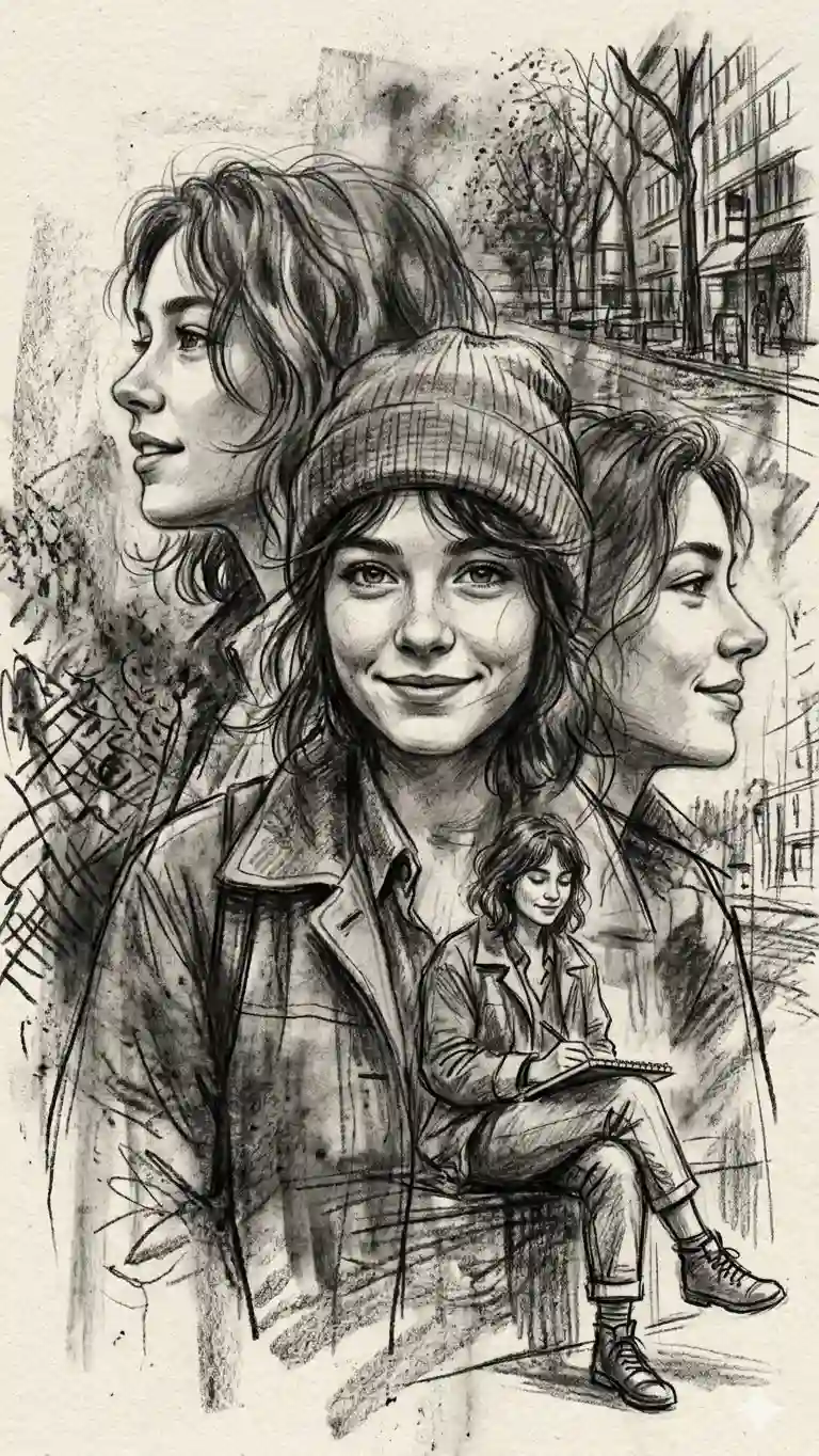 trend prompt: Create a multi-layered charcoal and graphite sketch on textured cream paper, featuring several artistic perspectives of a young woman. The central portrait shows her facing forward with a warm smile, wearing a beanie and a utility jacket. Two larger, ethereal profile views frame the center, one looking left and one looking right with a serene expression. At the bottom, a full-body miniature version of the woman is depicted sitting and sketching in a notebook. The background blends into a loose, urban street scene with architectural lines and trees, utilizing expressive cross-hatching, smudged shadows, and raw pencil strokes to create a dynamic, "artist's journal" aesthetic.