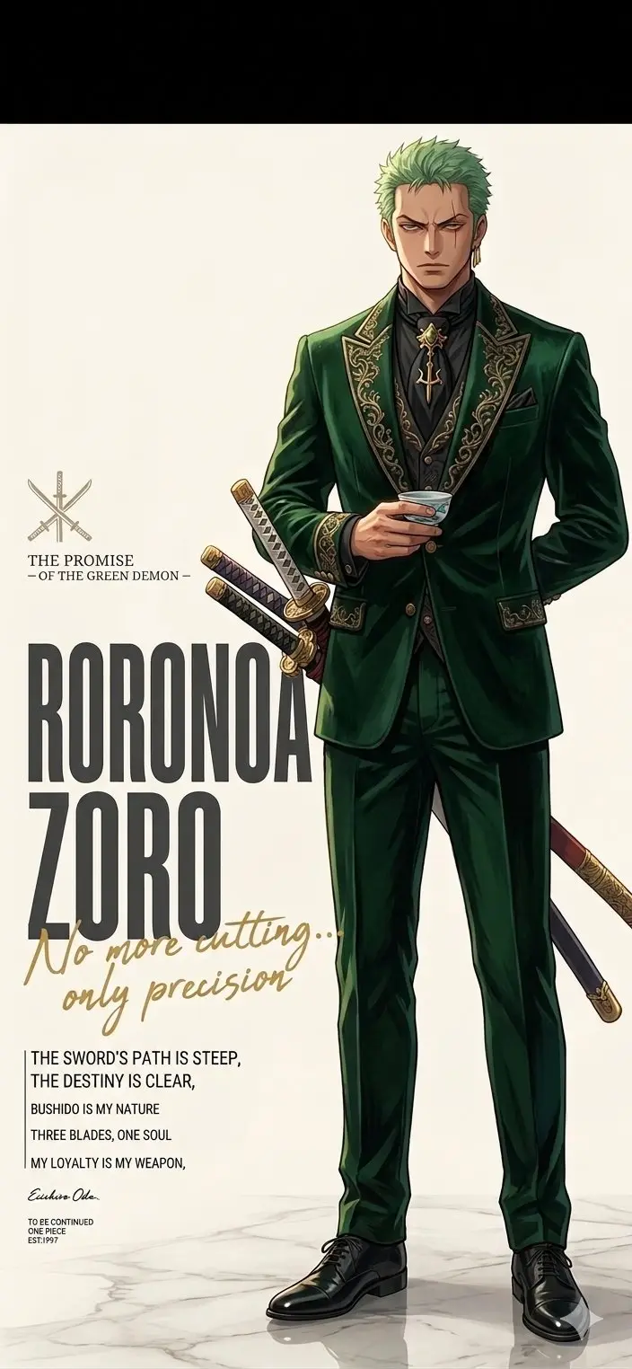 trend prompt: A high-end, diptych-style promotional poster in a realistic, detailed anime style. The left panel, inspired by image_1.png, features Roronoa Zoro in a three-quarter pose, looking direct. He wears a meticulously detailed deep green three-piece suit with intricate gold embroidery. He holds a small cup and his three Katanas are in a traditional koshi-ate rig behind him. The left side has a cross-swords logo, text like 'THE PROMISE -OF THE GREEN DEMON-', his name in large font, and his full quote. The right panel, inspired by image_2.png, is a close-up profile of Vinsmoke Sanji, with the same light, and his signature eyebrow swirl. He wears a black suit with similar gold embroidery and a '66' emblem tie tack. The right side has a fork-and-knife logo, text like 'THE VIGIL -OF THE IRON SOUL-', his name in large font, and his full quote. The panels have a clean, shared off-white background with a subtle marble texture and consistent footer text for 'Eiichiro Oda' and 'ONE PIECE EST. 1997'. The two panels are unified by a central, shared header over the two names: 'MATE & rival', rendered in a gold, calligraphy-style script.