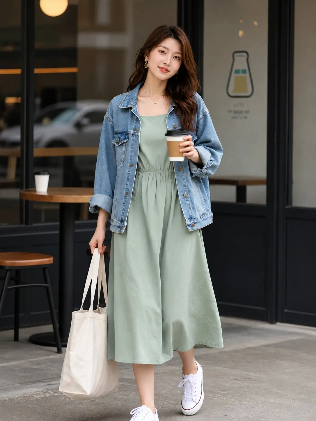 trend prompt: Ultra realistic aesthetic fashion photography of a beautiful young East Asian woman walking outside a modern cafe, soft natural lighting, wearing a sage green midi cotton dress with an oversized light blue denim jacket, white sneakers, carrying a beige tote bag in one hand and holding a takeaway coffee cup in the other, relaxed elegant pose, gentle natural smile, long wavy brown hair, clean glowing skin, luxury casual street style, blurred cafe background with warm cinematic bokeh lights, minimal neutral tones, sharp focus, realistic fabric textures, premium lifestyle magazine look, soft depth of field, balanced composition, photorealistic, high detail, clean aesthetic, 4k, vertical fashion editorial shot for X post, no text, no watermark.