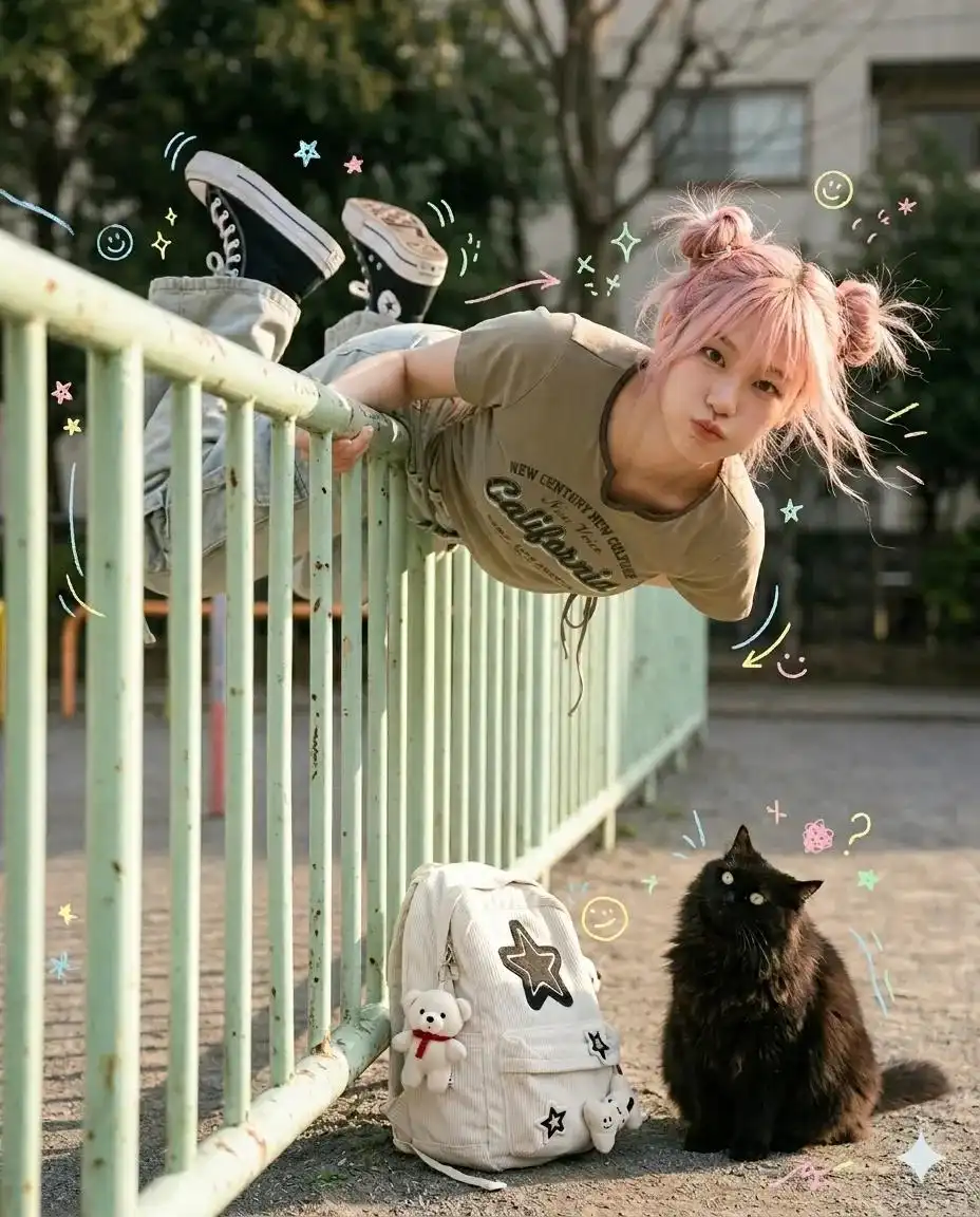 trend prompt: Ultra-realistic candid street photo of woman from reference, preserve exact face and identity, no face alteration. Awkward playful pose leaning sideways over pale green metal railing, torso hanging down, one arm hooked on rail, legs bent upward with floating sneakers, face turned toward camera with silly playful expression, space buns hair, soft loose strands, natural pink makeup, glossy lips. Outfit from photo 2.
Subtle pastel doodles: stars, sparkles, arrows, smileys, scribbles in pink, yellow, blue, green,fluffy cat on ground staring at her curiously.
Quiet outdoor playground park, soft afternoon sunlight, warm nostalgic indie mood, cinematic natural shadows.
Slightly high side angle, medium-wide framing, diagonal front-right perspective with railing leading toward camera.
Shot on Sony A7R IV, 35mm lens, soft film grain, realistic skin texture, muted warm tones, dreamy documentary-style photography, 4:5 ratio~meng~
