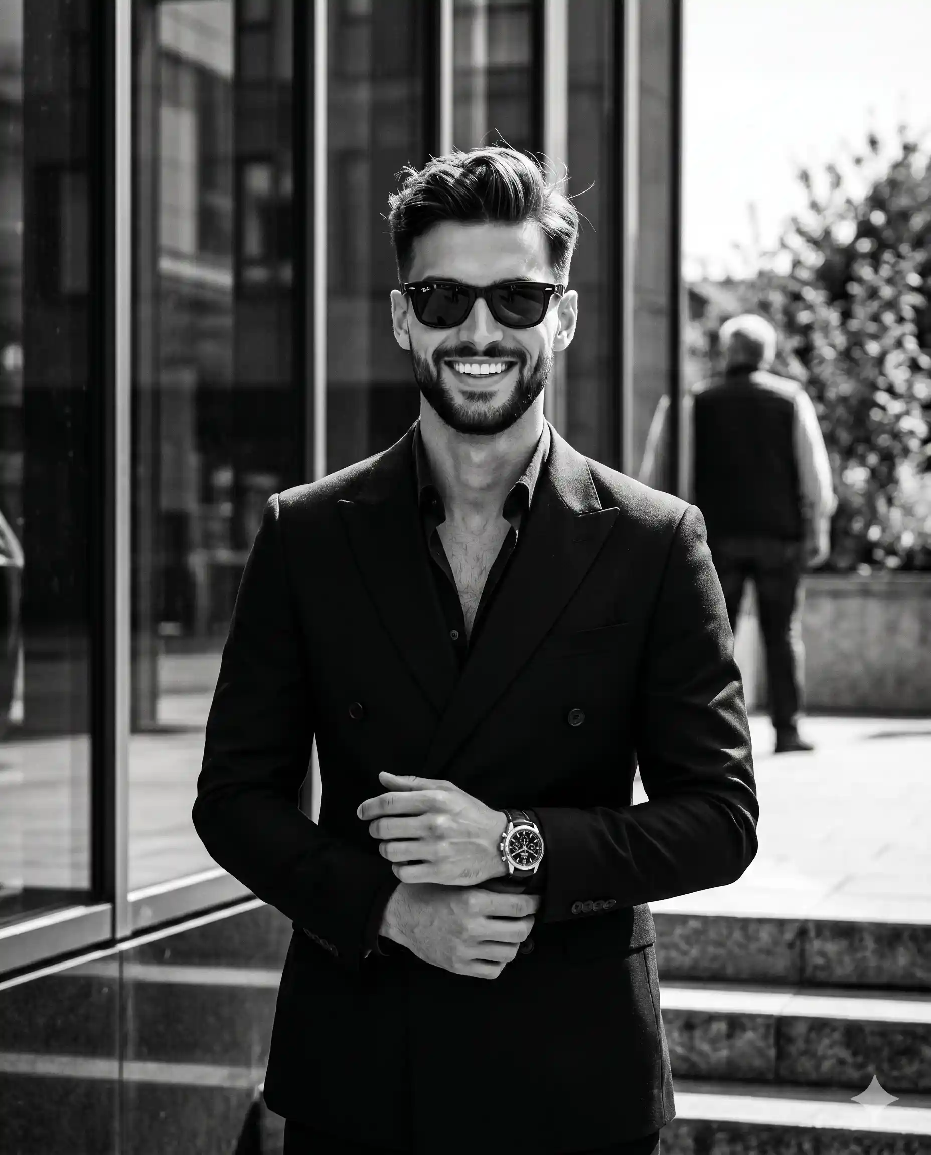 trend prompt: A handsome man in his thirties stands in the center of the frame, facing the camera with a slight twist as his weight shifts forward and slightly to the left, keeping his level shoulders relaxed. He is dressed in a dark unbuttoned shirt beneath a sharp black double-breasted suit. His hair, faded to one inch on the sides and leaving three to four inches on top, is styled in a textured, messy quiff parted slightly left of center; the matte product creates high volume and movement, revealing natural variations, slight unevenness, and distinct, sun-backlit flyaways. His manicured beard frames a broad, genuinely happy and open smile with visible stark white teeth, while his relaxed cheeks push up into a strong squint beneath classic black Ray-Ban Wayfarer sunglasses. In an organic, casual gesture, his relaxed left hand rests on his right forearm, fingers naturally curved and gently gripping the dark sleeve, while his right arm is bent inward at the waist, fingers loosely curled to elegantly display a metal chronograph watch with a dark leather strap. He is set against an outdoor architectural environment with deep spatial depth. In the midground to his left and center, a pristine, glossy glass window structure with dark metal vertical frames flawlessly reflects the dark gray and black gradient of the urban surroundings, while weathered mid-gray solid concrete steps with visible edge wear descend to the bottom right. The background drops into a soft blur, revealing a pedestrian wearing a dark vest over a lighter shirt facing away to the right, and thriving, out-of-focus tree foliage reaching up toward a blown-out sky at the top of the frame. The scene is rendered in high-contrast monochrome, dominated by deep crushed blacks in the suit and shadows, mid-gray skin tones, and stark white highlights, creating a lively, sophisticated, and authentically warm energetic mood despite the formal attire. Bright, hard, highly directional sunlight strikes from a 45-degree side and top angle, casting short, harsh-edged, deep black shadows under his chin, on the right side of his face, and deep into the folds of his suit. This intense key light mixes with a soft environmental bounce fill, leaving perfectly preserved, brilliant specular highlights gleaming on his hair crest, the bridge of his nose, the watch dial, and the crisp edge of his suit lapel. Shot as a realistic digital photograph blending modern fashion editorial and street style influences, the image uses an 85mm lens at an f/1.8 aperture, a 1/500s shutter speed, and ISO 100 to achieve a shallow depth of field with tack-sharp focus squarely on the smiling subject. The clean, cinematic post-processing features a monochrome conversion with a high contrast curve, subtle film grain, dodging to enhance the bright illumination on the face and watch dial, and burning to deepen the rich textures of the suit lapels, all beautifully composed using an asymmetric rule of thirds and framed in a 4:5 aspect ratio.