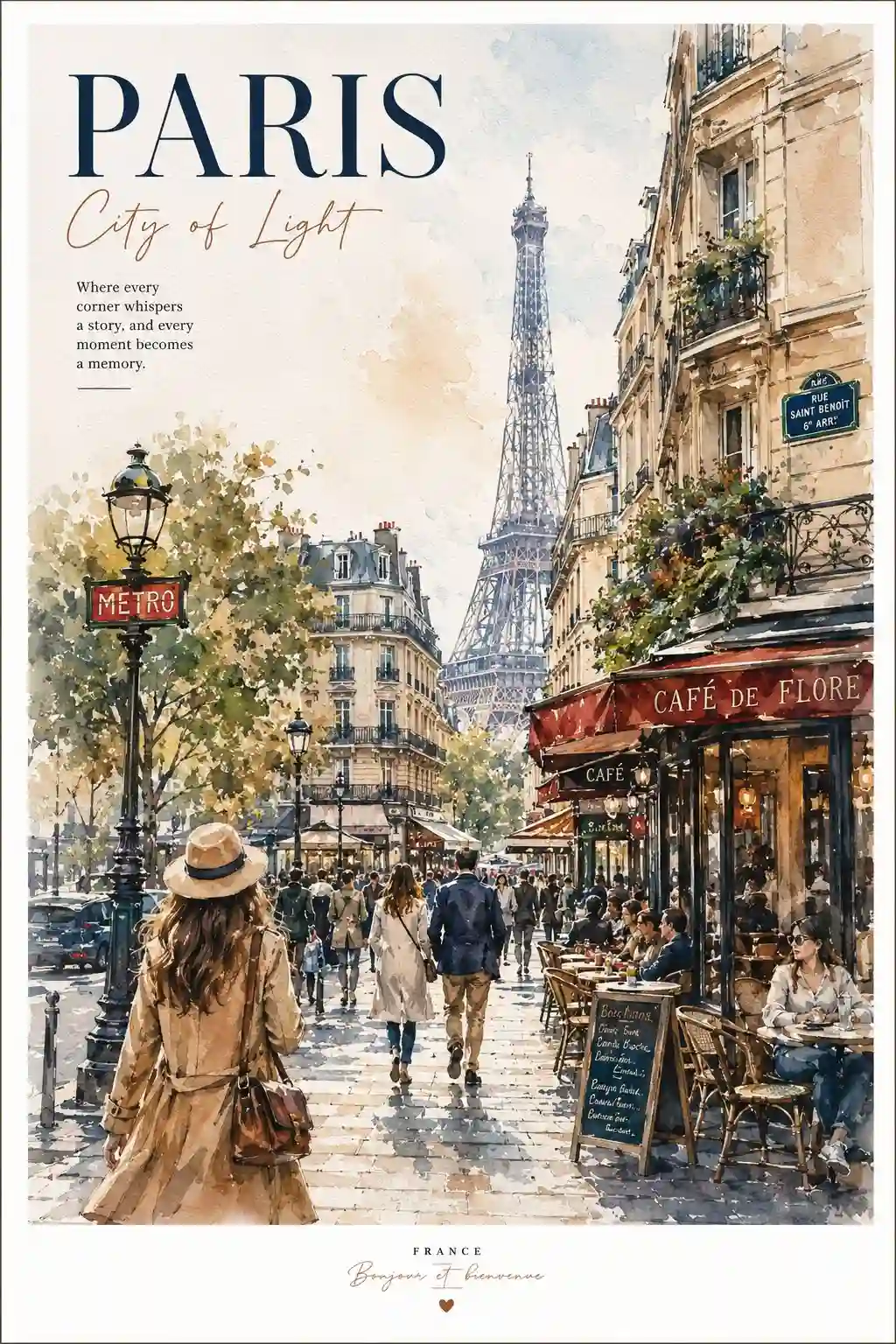 trend prompt: These two images offer distinct yet complementary watercolor interpretations of iconic world cities, Paris and Kyoto, presented as vintage travel posters. While the Paris scene focuses on the grand avenues and cafes surrounding the Eiffel Tower in a soft, monochromatic blue and sepia palette, the Kyoto illustration depicts a bustling traditional lane and a tram leading toward a five-story pagoda, rendered with a wider spectrum of warm and cool tones. Both artworks successfully capture the timeless elegance of their respective urban landscapes through a hand-painted, watercolor medium.