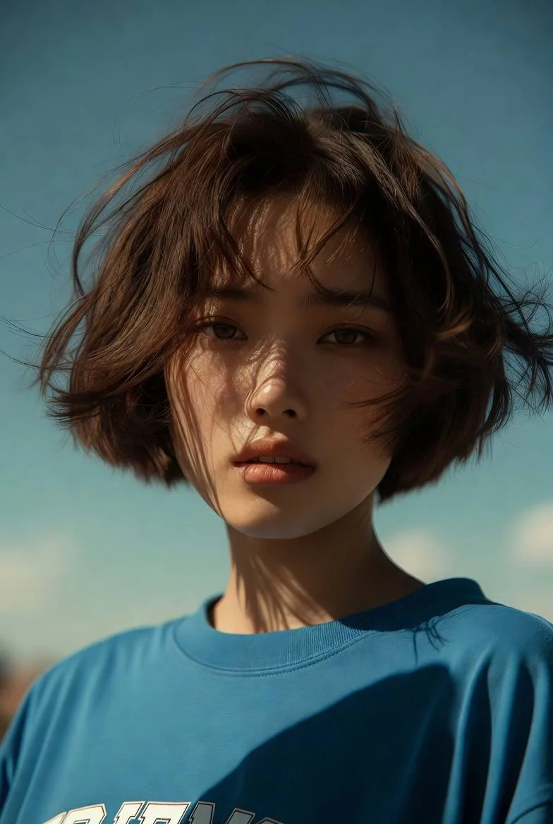 trend prompt: Cinematic close-up portrait of a young Asian woman with short messy bob hair, soft natural makeup, wearing an oversized blue sweatshirt, standing outdoors under a clear blue sky during golden hour. Wind blowing through her hair, moody expression, dreamy atmosphere, soft sunlight casting delicate shadows across her face, shallow depth of field, ultra realistic skin texture, warm cinematic tones, minimal aesthetic, fashion editorial photography, 85mm lens, bokeh background, high detail, soft contrast, natural lighting, emotional portrait composition, indie film still vibe, photorealistic, 4k.