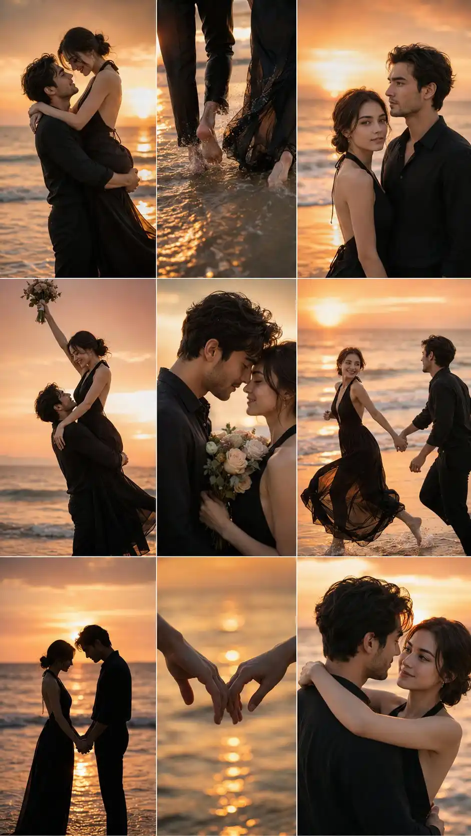 trend prompt: Prompt(1/2):
"Create an Ultra-realistic romantic beach sunset photography of a couple(match faces from the reference image), cinematic golden hour lighting, glowing orange reflections on ocean water, dreamy warm tones, emotional couple chemistry, Korean drama aesthetic, luxury editorial mood, soft bokeh highlights, shallow depth of field, natural candid interaction, flowing fabric movement, realistic wet sand reflections, cinematic blur, DSLR photography, HDR, 8K, sunset horizon, intimate romantic atmosphere, clean composition, no text, no watermark, 3×3 collage, 9:16ar
Character Consistency Block
Handsome young Asian man with soft masculine features, slightly messy black hair, wearing an elegant black linen shirt and relaxed black trousers.
Beautiful young Asian woman with soft glowing skin and dark hair tied into a loose low bun, wearing a flowing elegant black backless halter dress with lightweight fabric movement.
Romantic cinematic chemistry, emotional eye contact, natural smiles, relaxed body language.
Frame 1 — Lifted Sunset Hug
The man lifting the woman gently in his arms near the shoreline during sunset.
The woman wrapping her arms softly around his shoulders while smiling down at him.
Their faces close together with warm romantic eye contact.
Golden sunlight reflecting across the ocean behind them.
Flowing black dress fabric moving naturally in the sea breeze.
Cinematic side-angle composition with glowing sunset bokeh.
Frame 2 — Walking Through Waves
Close-up shot focused only on the couple’s lower legs and feet walking through shallow ocean waves.
Bare feet splashing softly through water at sunset.
The woman’s flowing black dress trailing through the surf.
Golden reflections on wet sand and moving water.
Motion blur and cinematic shallow focus for dreamy atmosphere.
Frame 3 — Soft Focus Shoreline Portrait
The couple standing side by side near the beach during sunset.
The woman slightly in front while the man looks toward the horizon.
Soft candid body positioning with calm romantic mood.
Intentionally shallow focus and dreamy cinematic blur.
Warm orange sky and glowing ocean reflections dominating the background.
Frame 4 — Bouquet Lift Pose
The man lifting the woman playfully near the shoreline.
The woman holding a bouquet high in the air while laughing joyfully.
Flowing black dress spreading naturally with movement.
Strong sunset backlighting creating dramatic silhouettes and rim lighting.
Romantic cinematic energy with ocean waves nearby.
Frame 5 — Forehead Touch with Bouquet
The couple standing extremely close together at sunset.
Their foreheads gently touching while sharing a bouquet between them.
Eyes softly closed or looking downward with emotional intimacy.
Warm golden light outlining their faces and hair.
Close-up cinematic framing with strong bokeh background."