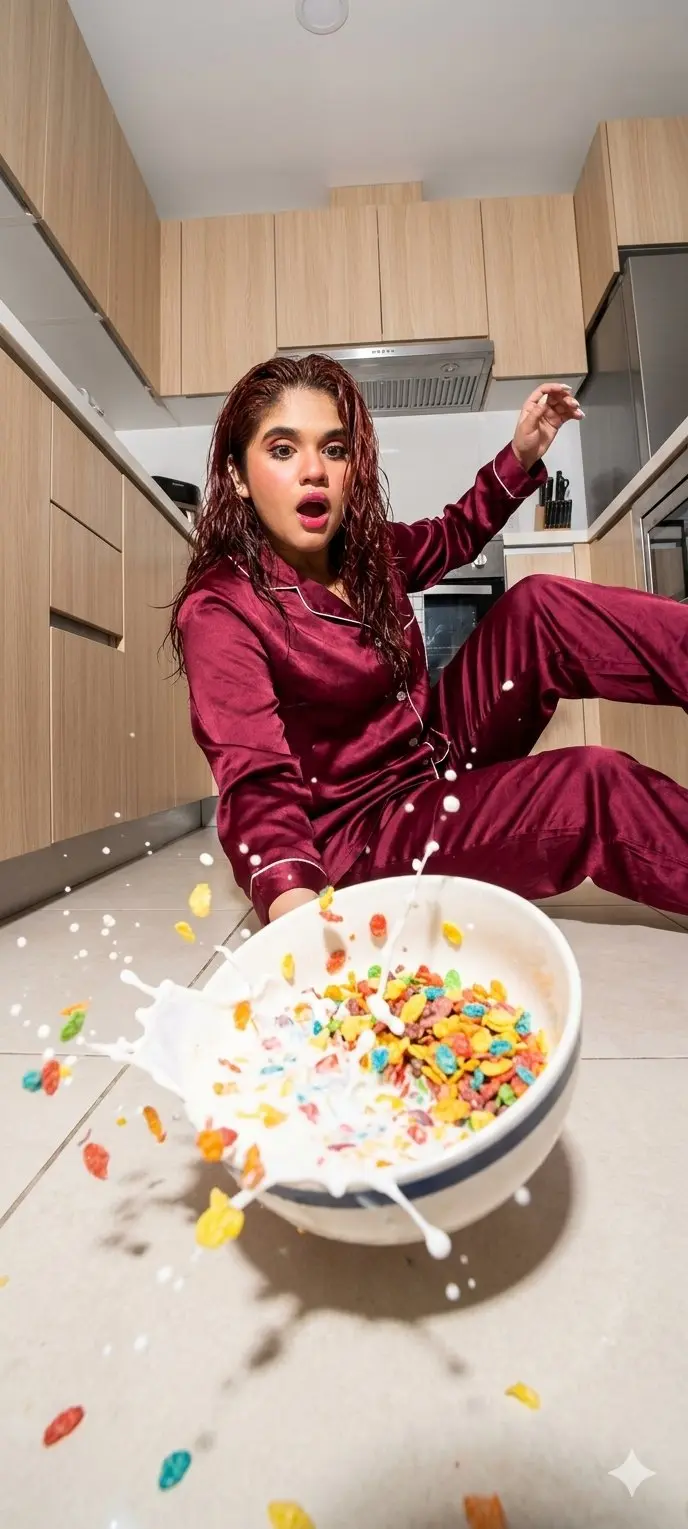 trend prompt:
action magazine photo, modern kitchen, harsh flash, frozen motion, high contrast, clean magazine retouching, SUPER wide-angle 14mm lens, shot from floor level, beautiful young brunette in silk burgundy pajamas slipping and falling, bowl of milk and multicolored cereal exploding and flying straight toward the camera, bowl knocked over on its side, milk splashes frozen in the air, some colorful cereal flakes large and close to the camera, lots of colorful flakes flying everywhere, very dynamic and effective photo