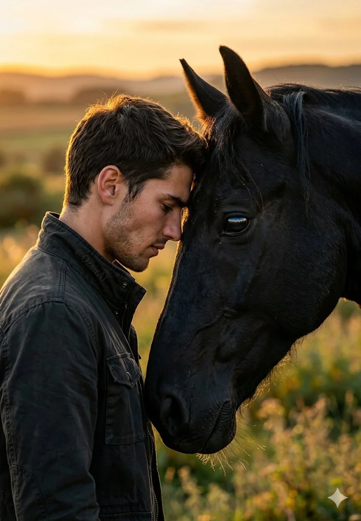 trend prompt: "A young handsome man with sharp jawline and defined facial features, standing face to face with a magnificent jet black horse, both incredibly close the horse's large dark eye perfectly in focus on one side, the man's sharp face on the other, foreheads almost touching. The horse's eye reflects the golden sky like a mirror. Raw emotion, deep connection, completely silent moment. Warm golden hour backlight creating a dramatic rim glow on both. Bokeh background of blurred open fields. Subtle "OzairAI" watermark on the man's jacket collar. Vertical 9:13 format. Ultra photorealistic, 8K, no text overlays, cinematic color grading."