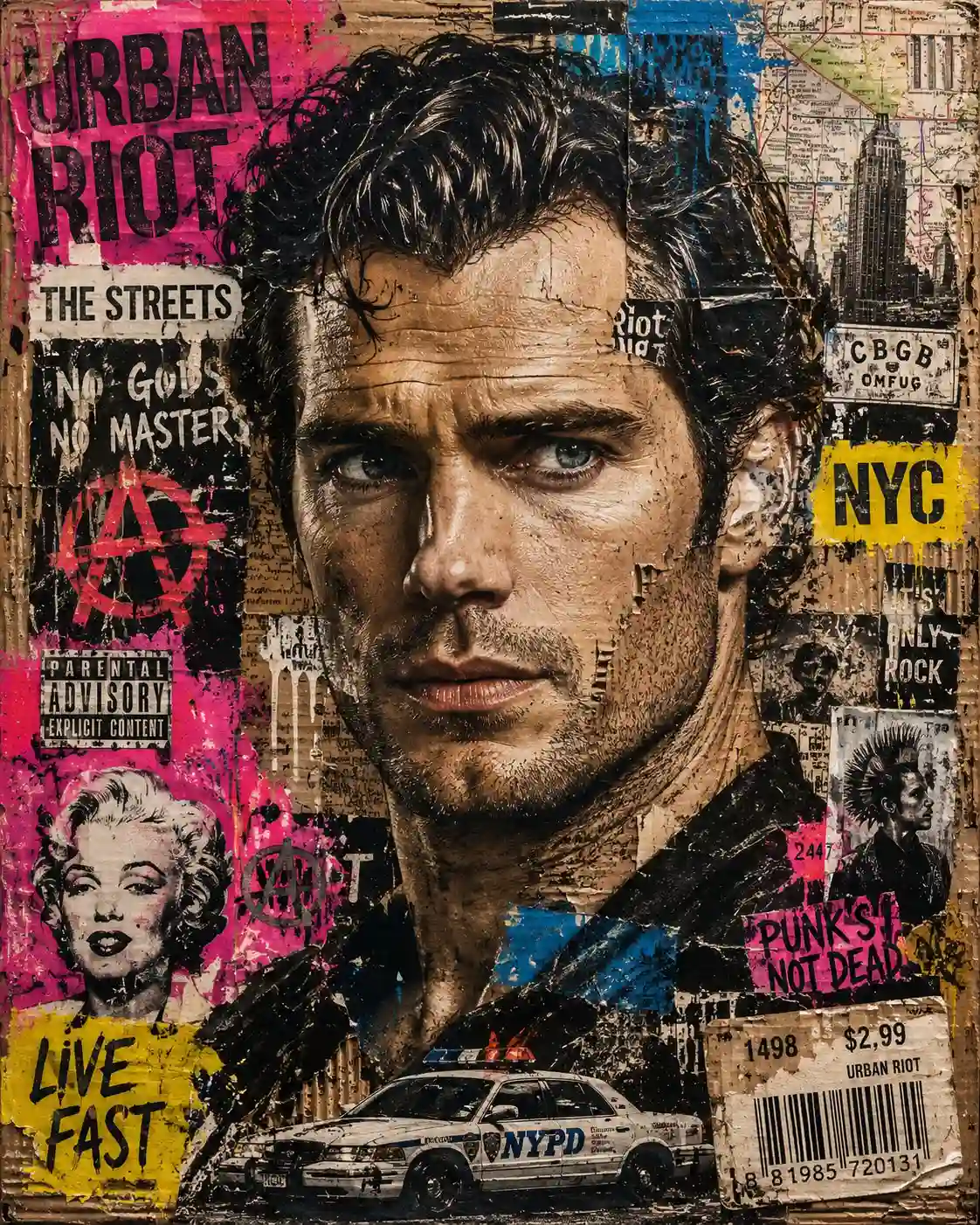 trend prompt: A photorealistic mixed-media collage portrait of a ruggedly handsome man attached in the uploaded reference image( Keep the face of the person 100% accurate from the reference image ), rendered on raw corrugated cardboard in a gritty urban street-art style. The artwork is a layered assemblage made from torn cardboard, ripped newspaper fragments, spray paint, stencil textures, vintage posters, barcode stickers, graffiti marks, and pop culture cutouts. His masculine face is hyper-detailed with realistic skin texture, piercing eyes, sharp jawline, subtle stubble, and glossy lips, while still appearing physically constructed from collaged paper elements and distressed materials.
His thick textured hair blends into explosive street-art compositions with bold typography fragments like “URBAN RIOT”, “THE STREETS”, “NO GODS NO MASTERS”, and “LIVE FAST” integrated into the layers. Surrounding the portrait are stenciled images of Marilyn Monroe, anarchist symbols, NYC maps, police cars, fragmented price tags, punk icons, city signage, and vintage urban graphics scattered across the cardboard surface.
The color palette uses aggressive high-contrast pop-art tones — neon pink, electric yellow, cobalt blue, black ink splashes, and white paint streaks — clashing against the natural brown cardboard texture. The composition is rich in tactile detail with visible torn edges, paint drips, scratches, splattered ink, weathered paper textures, and layered collage imperfections. Cinematic lighting, ultra-detailed realism, edgy contemporary gallery aesthetic, raw street culture energy, premium mixed-media artwork.