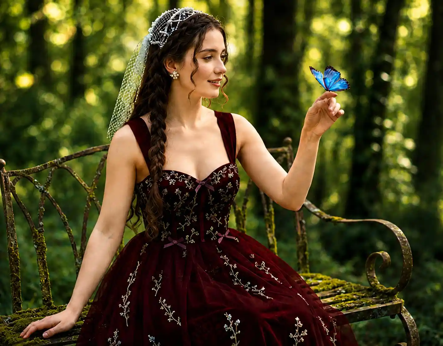 trend prompt: 
An ethereal, high-detail outdoor portrait of a young woman seated on a moss-covered, ornate wrought-iron garden bench in a dreamy forest setting. She has long, braided, wavy brown hair and a soft, curious expression as she gazes at a delicate, glowing blue butterfly resting on her outstretched left index finger.
She wears a cottagecore-inspired dress in light blue and white, featuring wide satin straps, a sweetheart neckline, and a structured white bust panel adorned with intricate blue floral embroidery, ribbon details, central flower appliqués, and small black bow accents. The skirt includes a sheer white tulle overlay decorated with tiny blue floral sprigs.
Her right arm rests gently by her side, while her left arm is raised toward the butterfly. She accessorizes with a light-blue beaded headpiece with a soft veil and small pearl floral earrings.
The environment is lush and magical, with soft, dappled natural light filtering through trees. Fine details are visible in the embroidery, moss texture, and the butterfly’s wings. Shot with a shallow depth of field, creating a soft, dreamy bokeh background of blurred foliage. Ultra-realistic, cinematic, 8K resolution.
