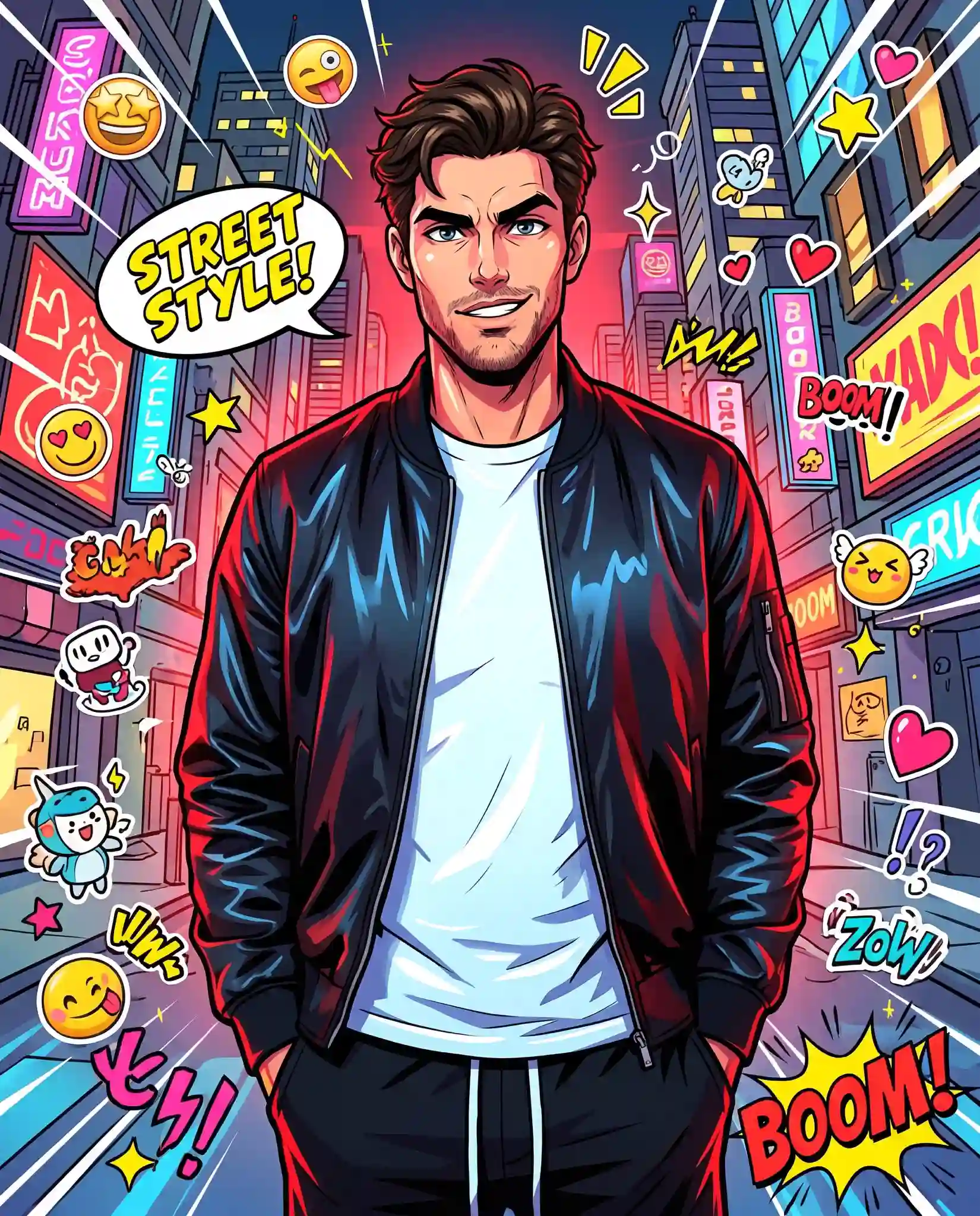 trend prompt: 
Transform the uploaded photo into a vibrant high energy anime inspired street illustration while preserving the character’s core identity including face shape, facial structure, hairstyle essence, and overall vibe. The artwork should feel fully stylized and non realistic, inspired by modern pop anime posters and playful manga aesthetics. Use bold expressive linework with dynamic thickness variation, clean cel shading, oversized highlights, and ultra saturated colors with strong contrast. Exaggerate expressions, poses, perspective, and body language for maximum personality and visual impact while keeping the character recognizable. Reimagine the environment into a whimsical cartoon universe with dramatic wide angle perspective, curved space distortion, and kinetic motion. Add fun graphic elements such as stickers, floating emojis, comic speech bubbles, stars, hearts, sparkles, doodles, tiny mascots, exaggerated props, and stylized sound effect text. The composition should feel explosive, energetic, humorous, trendy, and emotionally alive like a premium anime fashion poster mixed with chaotic internet pop culture art.