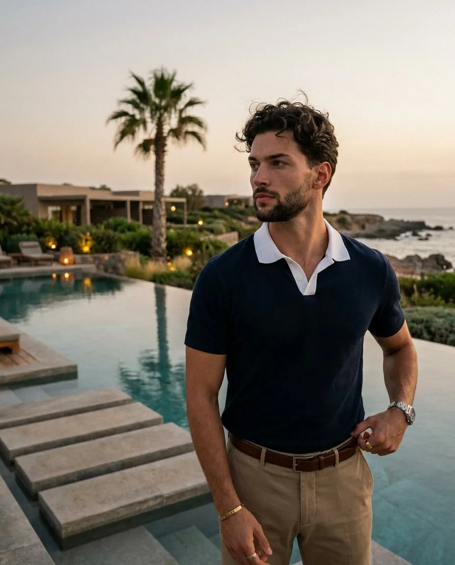 trend prompt: A young adult male with an athletic build and naturally textured two-inch dark curly hair with subtle flyaways stands with his weight casually shifted, facing the camera straight on in a sophisticated luxury editorial portrait. His serious, contemplative face features relaxed eyebrows and eyes gazing off to the left, drawing the viewer's eye down to the crisp white collar of his dark navy blue polo shirt. He wears warm khaki trousers secured by a brown leather belt; his right hand rests deliberately on his waist with the thumb casually hooked over the leather and fingers draped softly against the fabric, while his relaxed left hand, adorned with a silver watch and accented by a gold ring and bracelet, drops casually to his side, partially cropped by the bottom edge of the frame. He is positioned right-center in an asymmetric composition, grounding the foreground before a deep, pristine outdoor luxury resort setting. Just behind him in the midground, a serene infinity pool features a solid gray-beige concrete underwater step and a perfectly calm surface that ripples gently, mirroring the twilight sky. Stretching into the deep background, the expansive space reveals a single, tall palm tree silhouetted on the left beside low-profile modern resort architecture accented by lush tropical foliage and warm glowing lights, while a rugged rocky coastal outcrop on the right slopes gracefully toward the distant ocean horizon. A calm, old-money atmospheric mood is established by the twilight evening, illuminated by a single, diffused setting sun from the front-left that casts a golden, warm light. This soft illumination perfectly preserves the highlights on the left side of his face, nose bridge, and left forearm, while creating short, soft-edged, gradual gray shadows across the right side of his face, neck, and right arm, gently lifted by an ambient white bounce fill. The split-complementary color palette richly contrasts the dark navy and khaki of his clothing against the soft teal-green water and the muted peach and gray gradient of the open sky. Captured as a tack-sharp realistic digital photograph on a full-frame mirrorless camera with a 50mm lens and an f/2.8 aperture at 1/200s and ISO 400, the medium depth of field keeps the subject distinctly crisp while smoothly blurring the deep background. Post-processing introduces a hint of cinematic digital noise and a subtle teal-and-peach color grading that lifts shadows for a softer film-like contrast while protecting the sky's gradient, all perfectly framed in a 4:5 aspect ratio.
#Lovart #LovartPartner
