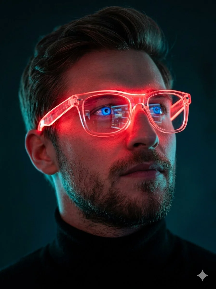 trend prompt: A hyper-realistic, close-up cinematic portrait of a man with a little beard looking upward. He is wearing black turtleneck. The focal point is a pair of glowing neon red translucent glasses that cast a vibrant red light across his brow and cheekbones. His eyes are a piercing, electric blue, reflecting a bright digital screen. The lighting is low-key with a dramatic "dual tone" effect: hot red light from the eyewear clashing with a cool teal/cyan rim light along his jaw and neck. Deep black background, 8k resolution, shot on 35mm lens, moody synthwave aesthetic.