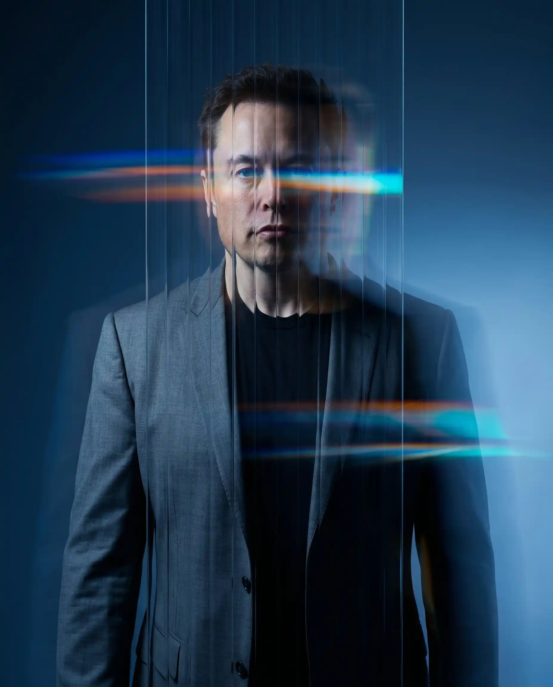 trend prompt: Ultra high-end conceptual portrait photography of [PERSON], chest-up studio portrait, wearing signature attire appropriate to their identity, profession, or iconic public image, standing behind a transparent vertical refractive glass panel that creates sliced distortions and fragmented refractions across the face and body. Strong horizontal prism light streaks and optical motion blur crossing the eyes, face and torso, layered translucent light trails, subtle chromatic aberration, abstract ghosting effect. Deep silhouette lighting, face partially obscured in shadow, dramatic blue gradient studio background, cool monochromatic tones, cinematic soft glow, experimental editorial fashion photography, futuristic, surreal, minimal composition, ultra realistic, premium magazine cover aesthetic, Hasselblad medium format, shallow depth of field, long exposure effect, slit-scan distortion, optical prism refraction, ethereal glow, moody blue lighting --ar 4:5