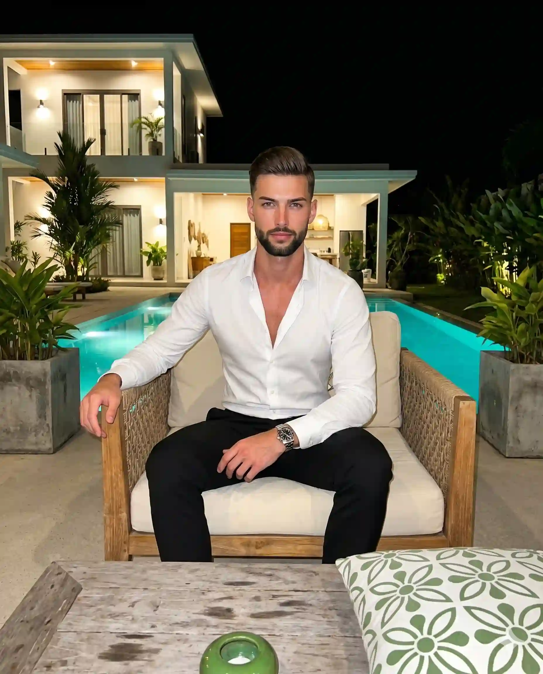 trend prompt: A tanned adult male with a short haircut and sharp fade sits perfectly centered in a posed yet confident stance, his face bearing a relaxed, closed-neutral expression with calm eyes and neutral eyebrows. He is dressed in a crisp, unbuttoned white button-down shirt and deep black trousers, with his relaxed shoulders resting against the cream cushions of a woven wooden lounge chair. His left hand rests casually on his left thigh with fingers slightly curled downward, revealing a metallic silver watch on his wrist, while his right hand sits elevated on the chair's armrest cushion, the hand draped naturally and organically downward. In the immediate foreground, a weathered table constructed of thick, grey-brown wooden planks holds a small round greenish object, positioned near a pristine white square throw pillow adorned with a green geometric mandala floral pattern. The scene is set on a deck of medium-warm brown and greyish-brown striped wooden planks, establishing a layered, deep spatial depth that leads the eye toward the midground where a pristine, rectangular swimming pool cuts a striking horizontal line, glowing vividly from within with saturated cyan-blue underwater lights against a smooth stone coping edge, flanked by thriving tropical broadleaf plants housed in large, perfectly smooth matte cylindrical concrete planters. Further back, against a meticulously crushed deep black night sky, stands a dominant two-story modern white villa featuring perfectly smooth painted drywall, warmly lit interior rooms, multiple balconies with geometric wooden railings, a patio umbrella on the upper deck, and pristine white perimeter walls washed in warm golden-yellow architectural up-lighting. The highly directional, intense hard light of a bright frontal flash creates a moody, sophisticated, and affluent evening resort atmosphere, blowing out specular highlights on the man's face and shirt while casting deep black, harsh-edged, short shadows directly behind him onto the chair cushion and sharply under his chin. This raw, dramatic high-contrast lighting drives a vividly saturated complementary color profile that balances the crisp whites and deep blacks against the neon cyan-blue water, warm wood tones, and golden architectural glow. Captured as a straight-on digital photograph utilizing a narrow aperture for a deep depth of field, the image maintains a tack-sharp texture across all focal planes, enhanced by subtle digital noise and meticulous post-processing that boosts the aqua channels and warm luminance, with the entire highly structured luxury scene beautifully framed in a 4:5 aspect ratio.