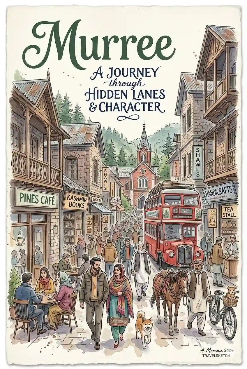 trend prompt: An AI-generated watercolor travel poster in a detailed sketch style by "A. Moreau 2024, TRAVELSKETCH." The artwork features a bustling, historic street scene filled with people, a couple walking a Shiba Inu dog in the foreground, and patrons sitting outside a cafe. The background seamlessly blends the colonial hill-station charm of Murree—complete with wooden balconies, a red double-decker bus, a horse handler, and a distant church spire—with the urban identity of Toronto, showcasing modern skyscrapers, the CN Tower, and a red TTC streetcar on King Street. The text at the top reads "A JOURNEY through HIDDEN LANES & CHARACTER" in elegant typography.