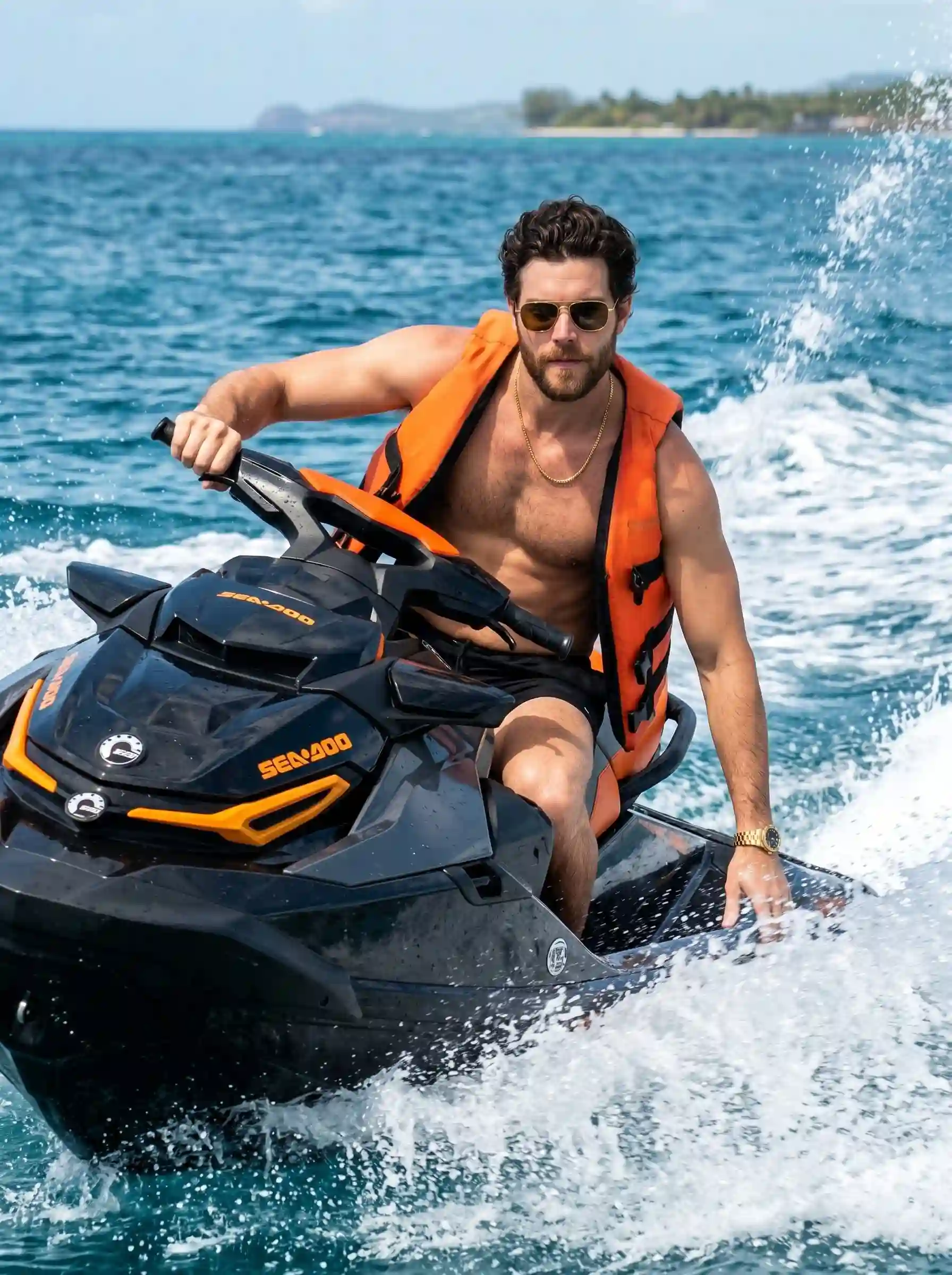 trend prompt: hyper-realistic portrait of a man riding a powerful black-and-orange jet ski across vibrant blue ocean waves. The rider's appearance must match the reference image exactly same facial features, hairstyle, skin tone, and overall look. He is shirtless, wearing a gold chain, stylish sunglasses, black shorts, and an unbuttoned orange life jacket that moves naturally with the wind. A gold watch glints on his right wrist in the sunlight. He holds the jet ski's handlebar firmly with his left hand while his right hand reaches out to skim through the rushing seawater, creating a dynamic sense of motion. The jet ski cuts through the waves with realistic spray, reflections, and fine textures. His expression is confident and intense as he looks slightly away from the camera. The shot is captured from a medium-distance angle, showing his full body along with the entire jet ski. The background features an open tropical! sea undera bright sky, with a faint coastline visible far behind. The visuals should feel immersive and lifelike crisp 4K clarity, natural sunlight, true skin textüre, deep shadows, rich water details, and vibrant tropical tones.