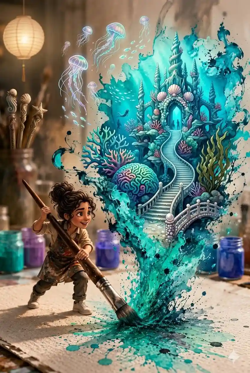 trend prompt: A 3D Pixar-style digital illustration of a young female artist with curly brown hair in a messy bun and a paint-splattered apron, dynamically swinging a giant paintbrush across a large canvas. A vibrant, magical splash of teal, turquoise, and deep blue watercolor erupts from her brush stroke, swirling upward into a detailed underwater kingdom. The splash forms coral reefs, a winding stone staircase, and a majestic seashell castle, with glowing bioluminescent jellyfish and tiny fish floating in the air above it. The scene is set in a cozy, sunlit artist's studio with jars of colorful paint, a hanging lantern, and brushes in the blurred background.