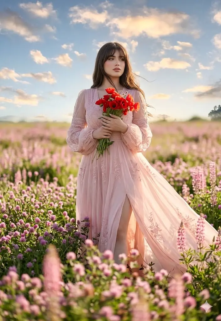 trend prompt: Ultra-realistic full-body fashion portrait of her with long dark brown hair and soft wispy bangs, walking through a vast field of blooming Pink wildflowers under natural daylight. She is captured from a slightly low-angle perspective, creating a cinematic editorial feel. She wears an elegant flowing light-Pink chiffon gown with delicate embroidery, sheer billowing sleeves, subtle lace detailing, and realistic fabric movement from a gentle breeze. The dress has a tasteful thigh slit and layered translucent textures that catch the sunlight naturally.
She holds a fresh handpicked bundle of vivid Red wildflowers close to her chest while walking gracefully through the meadow. Her makeup is soft and refined with natural glowing skin, subtle peach blush, feathered brows, soft brown eyeliner, glossy muted rose lips, and realistic skin texture with visible pores and fine facial detail. Her expression is dreamy and contemplative, looking slightly away from the camera.
Golden sunlight filters through scattered clouds in a bright blue sky, creating realistic highlights and soft shadows across her face, hair, and dress. The wind gently lifts strands of hair and flowing fabric. Foreground flowers are softly blurred with realistic depth of field, while distant wildflowers fade naturally into the background. Cinematic photography, ultra-detailed realism, luxury fashion editorial aesthetic, realistic anatomy, realistic hands, natural proportions, HDR photography, shallow depth of field, shot on a full-frame mirrorless camera, 85mm lens, f/1.8, high dynamic range, photorealistic textures, soft atmospheric lighting, Vogue-style outdoor editorial shoot, no fantasy elements, no CGI look, no anime style.