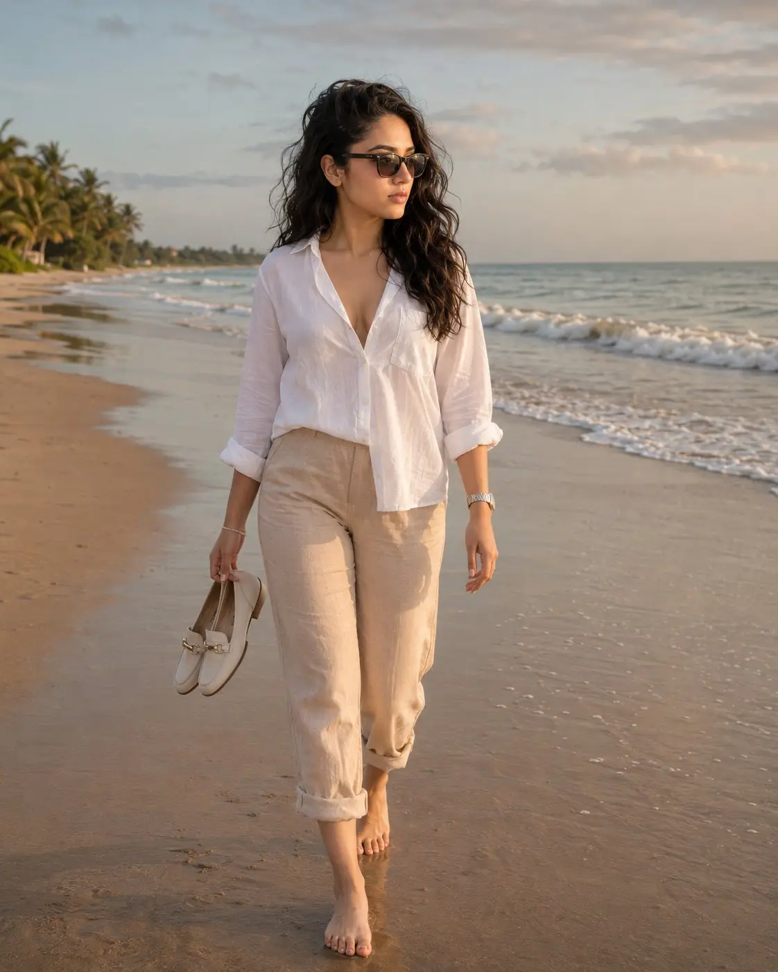 trend prompt: "Learn Prompts for Image Generation like a Pro"
Sunlight, salt air, and calm morning waves.
Ultra-realistic 8K photorealistic cinematic editorial image, 4:5 aspect ratio. A beautiful young woman MUST be walking barefoot along the shoreline on wet sand at the beach.
Full-body framing with feet, legs, and shoes clearly visible. Body orientation slightly angled to the RIGHT relative to the camera while moving forward. Head turned to the RIGHT, head level. Gaze directed to the RIGHT at eye level. Facial expression relaxed and neutral with a soft, natural look.
She MUST be holding a pair of women’s loafers in her RIGHT hand, hanging downward naturally. LEFT arm relaxed by her side. Gentle ocean waves on the RIGHT side of the frame, shoreline stretching into the distance. Soft warm golden-hour lighting with subtle reflections on wet sand.
Outfit MUST match: lightweight white long-sleeve shirt with open collar and loose fit, sleeves slightly rolled; beige/tan slim-fit pants or wide-leg trousers rolled above the ankles. Barefoot.
Accessories: sunglasses MUST be present, simple elegant wristwatch on LEFT wrist, subtle delicate bracelet on RIGHT wrist.
Hairstyle MUST be feminine and flowing, long wavy or straight hair gently moving in the breeze (match elegant feminine style suitable for the scene).
Environment: calm beach, soft waves, lightly clouded sky, warm natural tones. Camera angle eye-level. No cropping tighter than full body.