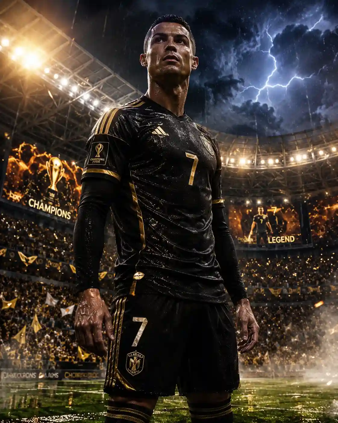 trend prompt:
Ultra-realistic cinematic football poster inspired by the upcoming global football showdown. A legendary modern football superstar stands alone inside a massive floodlit stadium moments before kickoff. He wears a sleek futuristic black-and-gold jersey with subtle neon accents, rain droplets visible on the fabric, intense focused expression, dramatic cinematic lighting, realistic skin texture, sharp jawline, athletic physique, and glowing stadium atmosphere. Thousands of fans wave flags in the background while giant LED screens display fiery championship visuals. The grass is wet from rain, reflecting stadium lights beautifully. Add floating sparks, cinematic smoke, motion blur from cheering crowds, and subtle lens flare effects for a high-budget sports advertisement aesthetic. Camera angle low and heroic, making the player appear powerful and iconic. Moody storm clouds above the stadium with blue lightning in the distance. Ultra detailed, 8K realism, dynamic shadows, premium sports brand campaign vibe, emotional championship energy, realistic depth of field, dramatic contrast, modern football fashion editorial style, world-class tournament atmosphere, highly detailed boots and jersey textures, cinematic color grading inspired by elite sports commercials.