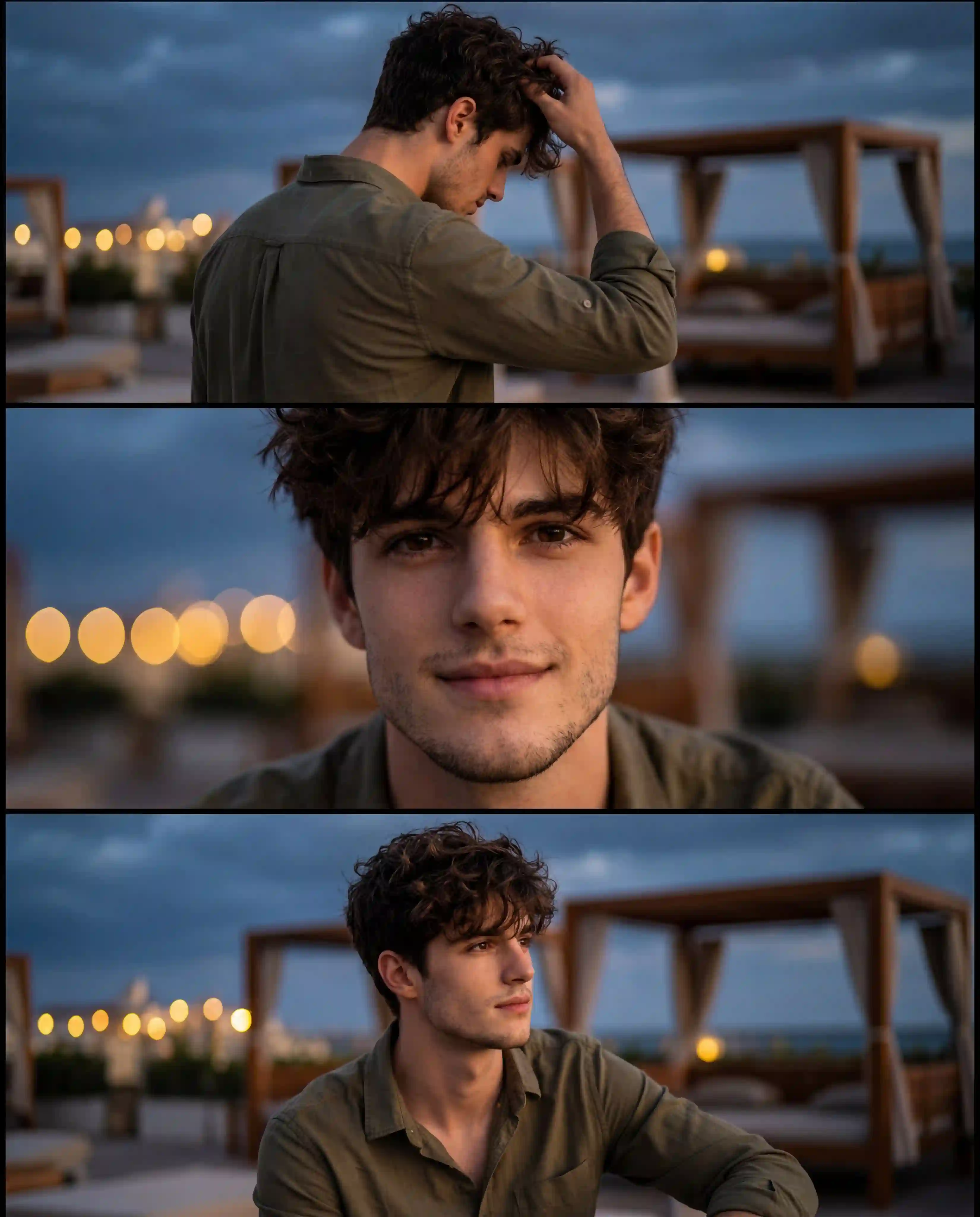 trend prompt: Use the uploaded reference image as the exact facial identity reference for the character. Maintain the same facial structure, curly hairstyle, beard shape, skin tone, jawline, eye shape, and overall appearance consistency exactly as the reference.
Create a cinematic nighttime portrait photoshoot with a warm moody aesthetic. The man is wearing an olive green casual shirt with sleeves rolled up, standing outdoors near a luxury rooftop or beachside café during blue hour. The background should feature soft golden bokeh lights, blurred wooden cabanas, and a deep cloudy evening sky.
Generate a 3 frame vertical collage:
Back side pose with the man touching his hair naturally while slightly looking down.
Close up cinematic portrait with a soft confident smile and shallow depth of field.
Medium shot with relaxed posture looking sideways naturally.
Style should feel ultra realistic, DSLR photography, 85mm lens look, creamy background blur, warm cinematic lighting, realistic skin texture, soft shadows, high detail, luxury lifestyle vibe, Instagram editorial aesthetic, natural color grading, premium portrait photography.
Aspect ratio 4:5, ultra detailed, photorealistic, shallow depth of field, cinematic composition.