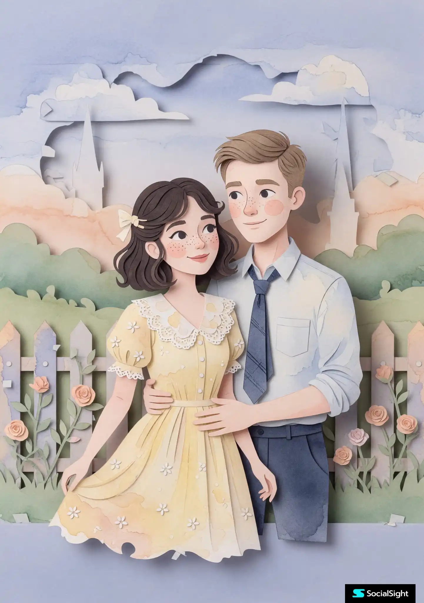 trend prompt: A whimsical pastel paper-cut illustration of a young romantic couple standing together in a dreamy garden, layered papercraft style, soft watercolor textures, delicate shadows and depth, cute anime-inspired faces with rosy cheeks and freckles, the girl wearing a pale yellow vintage dress with lace collar and flower details, short wavy dark hair with a cream bow, the boy wearing a light blue shirt and navy tie, gentle affectionate pose with his arm around her waist, white picket fence with blooming roses, soft cloudy sky and church spires in the background, torn paper edges, handcrafted layered paper art, muted pastel palette, cozy storybook aesthetic, ultra detailed, soft lighting, 3D papercut diorama, elegant composition, high quality illustration, dreamy and romantic atmosphere.