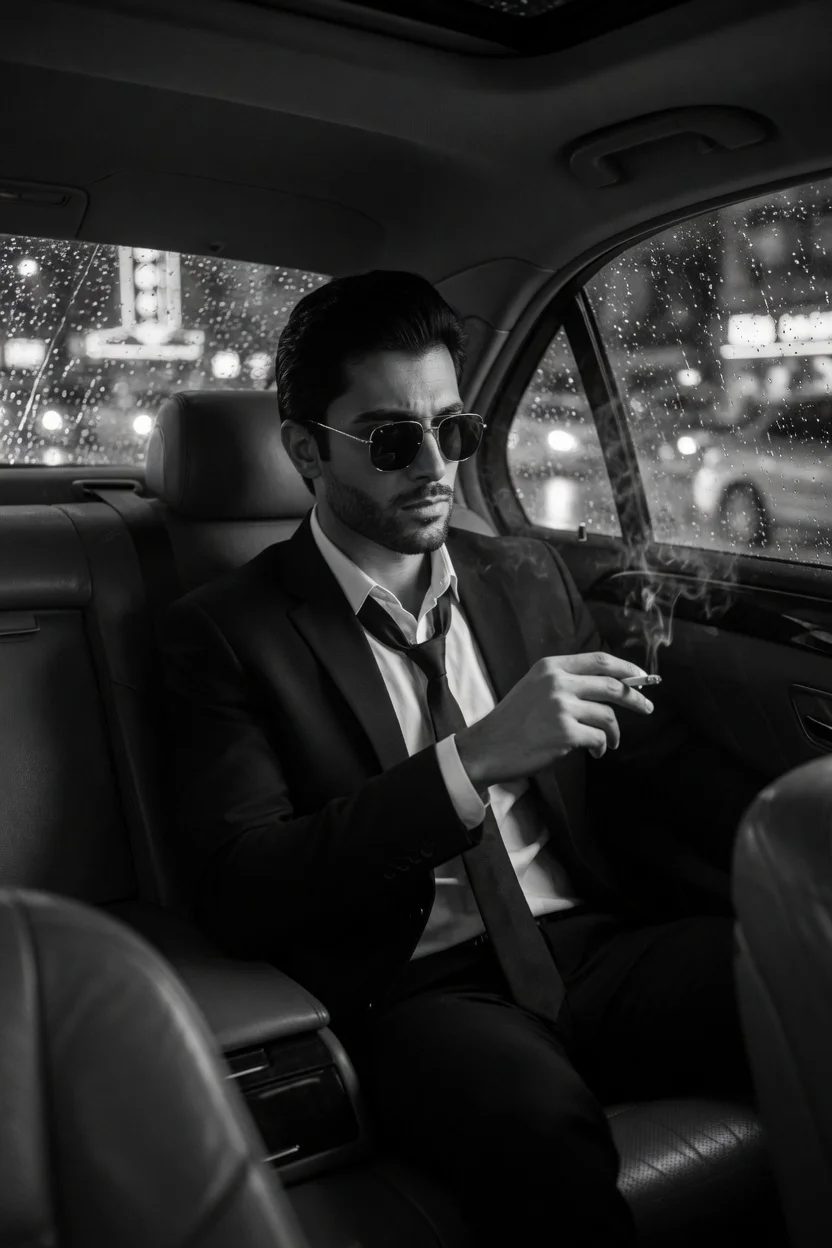 trend prompt: Utiliza la imagen de referencia cargada como la identidad exacta. Conserva la misma forma de rostro, ojos, nariz, labios, barba, corte de pelo, edad, textura de piel, proporciones faciales y la identidad masculina general. No rediseñes el rostro. Crea un retrato cinematográfico ultra realista en blanco y negro del mismo hombre sentado en el asiento trasero de un coche de lujo por la noche. Viste un traje oscuro a medida, camisa blanca, corbata desabrochada y gafas de sol. Se inclina ligeramente hacia adelante con un codo sobre la rodilla, sosteniendo un cigarrillo cerca de la ventanilla abierta del coche, con el humo saliendo hacia afuera. Su expresión es silenciosa, cansada, poderosa y cinematográfica. Fondo: luces de la ciudad desenfocadas a través de las ventanillas del coche cubiertas de lluvia, asientos de cuero, reflejos en el cristal, bokeh del tráfico nocturno. Iluminación: contraste noir en blanco y negro, luz lateral suave sobre el rostro, sombras profundas, grano de película, atmósfera de drama criminal de lujo. Composición: vertical 4:5, primer plano íntimo desde el ángulo del pasajero delantero. Sin texto, sin logotipo, sin marca de agua.