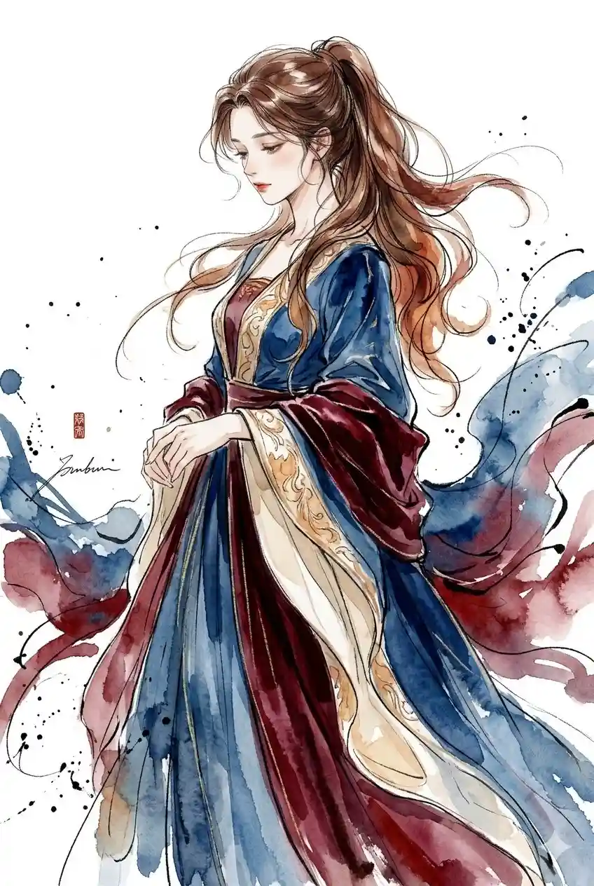 trend prompt: An elegant watercolor and ink illustration of a young woman with long, flowing brown hair styled in a high ponytail. She is captured in a graceful, serene profile view, looking slightly downwards with a gentle expression. She wears an exquisite, flowing traditional robe with elaborate golden embroidery along the trim, layered in deep shades of royal blue, burgundy, and cream. The artwork features dynamic watercolor splashes and expressive ink ink-wash splatters that create a sense of movement in the fabric, set against a clean, minimalist white background with a small artistic signature stamp on the left side.
