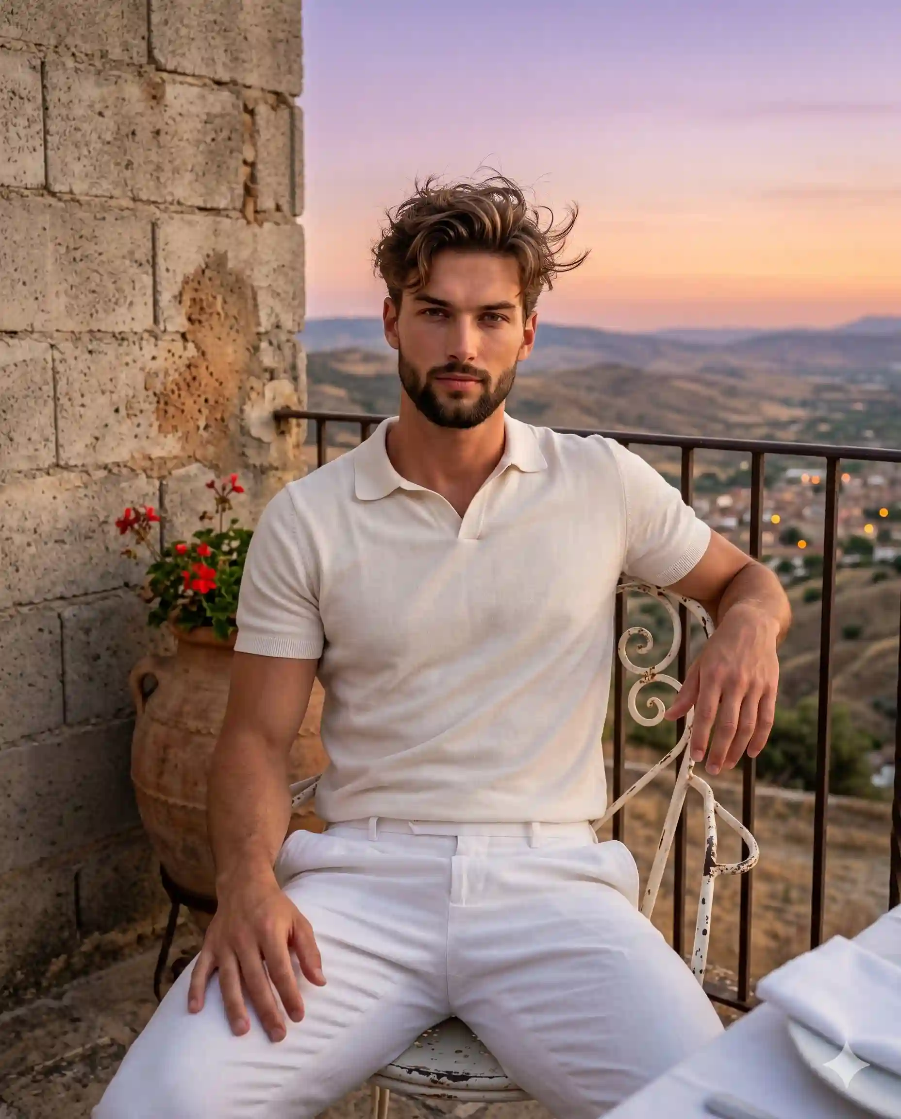 trend prompt: A confident young adult male with an athletic build sits squarely facing the camera, leaning back slightly with level, relaxed shoulders rolled gently backward. He wears an off-white, short-sleeve polo shirt and white trousers that drape over his form in soft fabric folds. His thick, wavy brown hair falls in a messy, textured fringe, styled with a matte sea-salt finish that gives it high volume pushed up and forward, featuring natural imperfections, frizz, irregular clumps, and prominent windswept flyaways perfectly silhouetted against the sky. His warm-toned face holds a direct, relaxed gaze with a subtle smolder, framed by relaxed eyebrows and a closed, neutral mouth. His left hand rests flat and relaxed on his upper left thigh, while his right hand rests casually on the top curve of a vintage white painted metal chair back, his fingers draped naturally over the distressed scrollwork edge. He is seated on an outdoor Mediterranean stone terrace, grounded by warm beige irregular stone paving and a raw, unfinished concrete block wall characterized by a rough, porous matte texture, patchy earthy variations, and visible mortar joints. In the immediate foreground to the bottom right, the edge of a dining table holds a soft white napkin. To his mid-left rests a weathered, unglazed terracotta clay pot overflowing with thriving, vibrant red geraniums and dark green foliage, set against a weathered dark wrought iron railing with simple vertical balusters and decorative nodes that spans the midground. Beyond the terrace, the deep, slightly blurred spatial depth reveals a sweeping view of rolling arid hills and a distant valley town where warm city lights are just beginning to turn on through a hazy atmosphere. A calm, romantic evening twilight mood saturates the scene, driven by a vibrant, complementary sunset gradient of twilight purple, peach, and glowing sunset orange in the background sky. The lighting features a natural mixed setup with a glowing sunset backlight and a soft, diffused golden-peach front fill. Faint, short shadows with soft, gradual edges lightly model his cheekbones, pool gently under his chin, and cast softly across his trousers, while subtle catchlights glint in his eyes and a soft sheen rests on the bridge of his nose and forehead. Shot as a highly polished, realistic digital photograph using a full-frame mirrorless camera and an 85mm lens at f/2.8, the image maintains tack sharpness on the smooth skin and subject while rendering the midground slightly out of focus and the background into a beautifully blurred but recognizable backdrop with minimal digital noise. Post-processing includes warm color grading that emphasizes the peach and orange highlights, lifted shadows for a smooth, low-contrast finish on the subject with subtle clarity applied to the facial features and windswept hair, ending with the vignette removed, framed in a 4:5 aspect ratio.