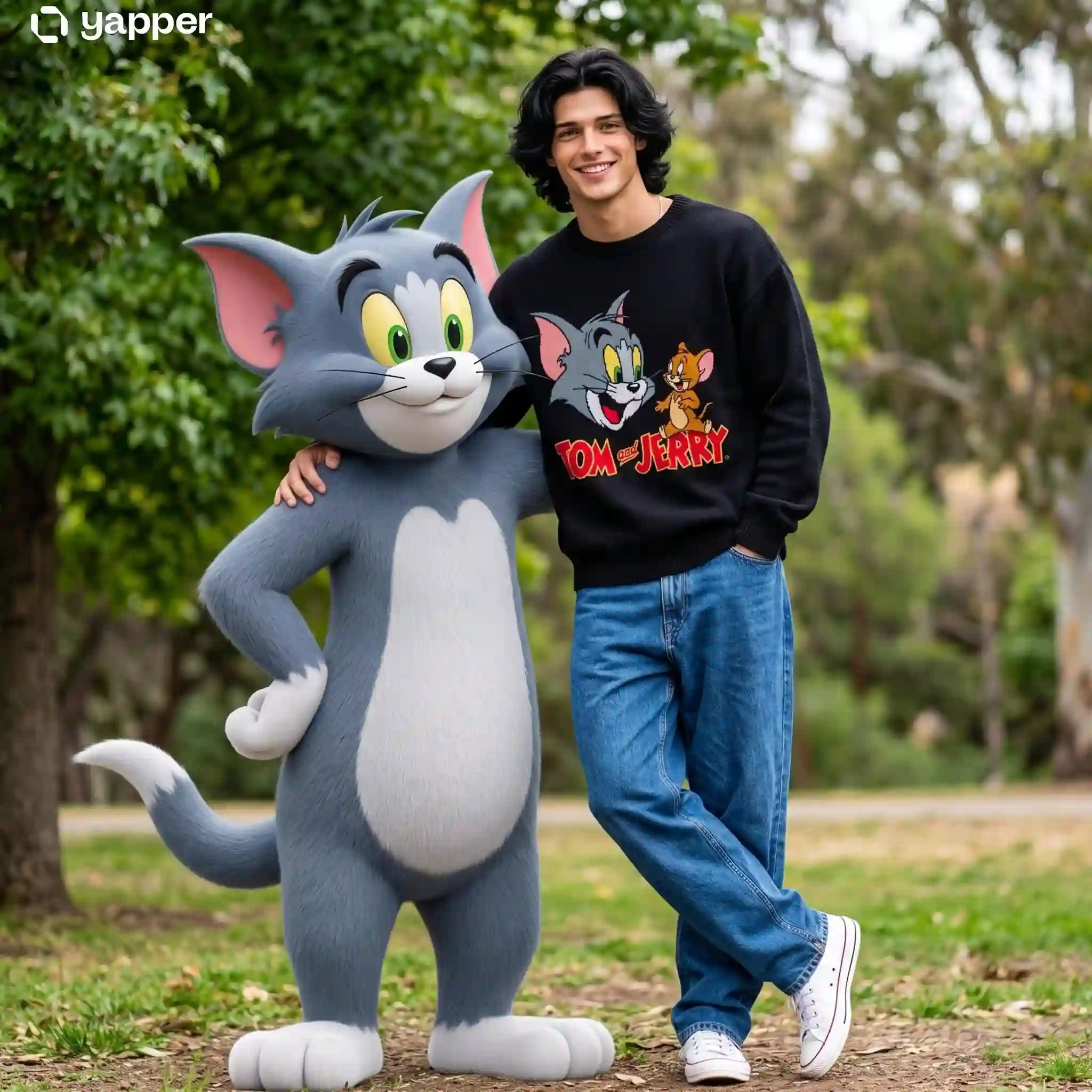 trend prompt: I am with sholder length wavy black hair, expressive eyes, warm smile, and adorable face. Standing confidently in a casual stylish pose wearing a cozy light black sweater with a colorful Tom cat print, baggy blue jeans, and white Converse sneakers. Beside me stands a life-size anthropomorphic Tom cat from Tom and Jerry with soft grey fur, white belly, large green eyes, pink inner ears, and playful grin.Tom keeps one arm around my shoulder in a friendly protective pose.