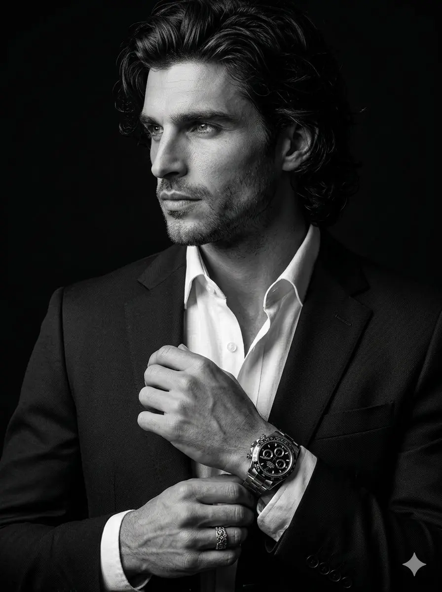 trend prompt: A high-end 8K cinematic black-and-white portrait of a man in a sharp, professional suit, looking away from the camera with a focused, stoic expression. He is standing in a three-quarter profile against a solid, deep black background. The man has styled, dark wavy hair and a clean-shaven face with refined, natural skin textures. He is wearing a dark, tailored blazer over a crisp white dress shirt with an open collar. His hands are positioned at chest level: his left hand is adjusted by his right hand, prominently displaying a large, detailed luxury silver chronograph watch with a black face. The lighting is dramatic and directional, creating high-contrast highlights on the side of his face, the fabric of his lapel, and the metallic shine of the watch and ring. Hyper-realistic details capture the individual hairs, the weave of the suit fabric, and a sharp, lifelike glint in his eyes.