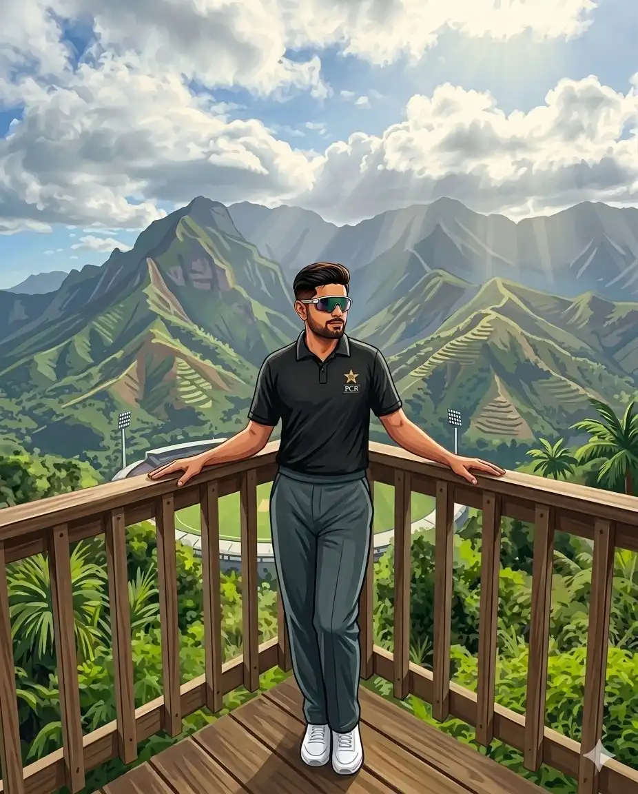 trend prompt: A full-length vertical digital illustration featuring a world-renowned cricketer standing on an elevated wooden balcony overlooking a breathtaking landscape. In one variation, Babar Azam stands confidently facing forward, hands resting lightly on the wooden railing, dressed in a sleek black polo shirt featuring a cricket board logo, paired with grey trousers and white sneakers, wearing sporty sunglasses. In another variation, Virat Kohli is depicted in a different pose, leaning slightly with his legs crossed, looking downward in a reflective stance, hands clasped together, wearing the iconic blue Indian cricket team jersey, matching blue track pants, and white sneakers, with sunglasses resting on his head. The backdrop is a lush, vibrant green mountain range under a dynamic sky filled with fluffy white clouds and soft sun rays filtering through. Subtly visible in the valley below, nestled among the dense tropical foliage, is a modern cricket stadium, blending sports with nature in a crisp, clean cel-shaded comic art style with bold outlines and vibrant colors.