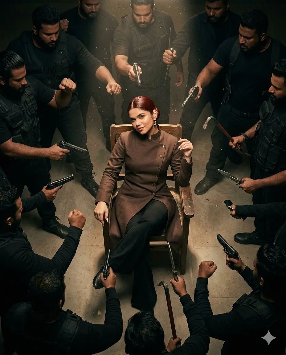 trend prompt: A dramatic, cinematic top-down shot of a tense confrontation scene. At the center, a confident young woman sits casually on a chair, leaning back with one leg crossed, wearing a brown Lenin-style shirt with black bell-bottom pants. She appears calm and defiant, slightly smirking. Surrounding her in a tight circle are numerous aggressive men dressed in black outfits. They are raising fists and holding weapons like guns and knives, creating a sense of imminent violence.
The lighting is moody and directional, with a spotlight effect highlighting the central female figure while the crowd remains partially in shadow. Dust or smoke particles float in the air, enhancing the dramatic atmosphere.
The composition emphasizes power, tension, and dominance, with strong contrast, high detail, and a cinematic color grade.
Photo create 4:5