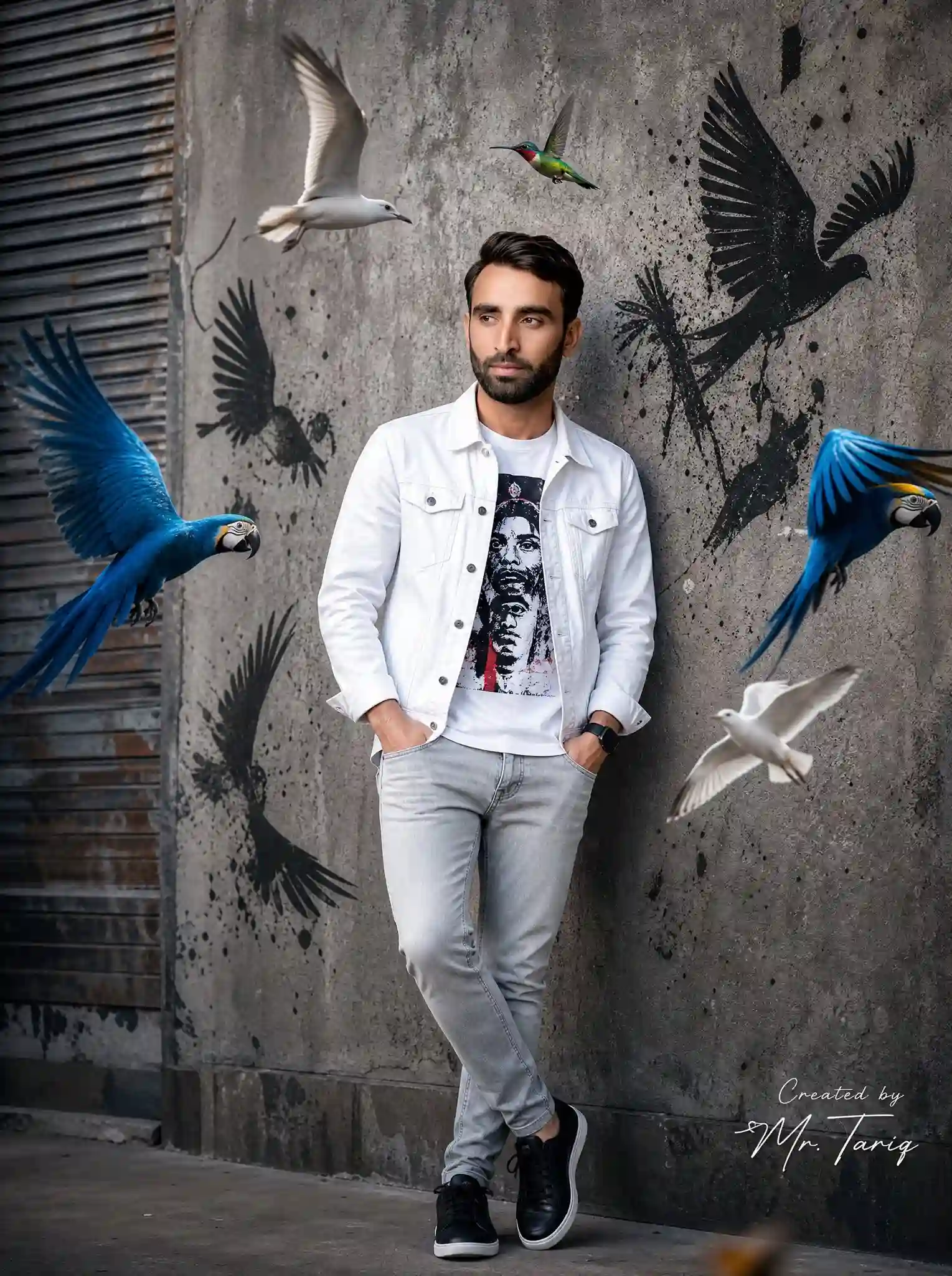 trend prompt: Use uploaded image as exact face reference. STRICT FACE LOCK - preserve exact facial features, hairstyle, beard shape, skin tone, jawline, eyes, nose, and overall identity with zero modification.
Create an ultra-realistic cinematic street fashion portrait of the same man standing confidently against a rough textured concrete wall in an urban environment.
Outfit:
white denim jacket, graphic printed t-shirt, slim light-grey jeans, black premium sneakers, black smartwatch.
Pose:
hands inside pockets, relaxed crossed-leg stance, looking sideways naturally with confident expression.
Surround the subject with dynamic flying birds:
- two vibrant blue macaws with fully spread wings
- two realistic white seagulls flying near the subject
- one colorful hummingbird hovering near upper center
Add black graffiti bird silhouettes with paint splatter effects on the wall behind him to create a modern street-art atmosphere.
Scene style:
cinematic urban photography, hyper realistic, ultra detailed feathers, realistic shadows and reflections, soft daylight with studio contrast, shallow depth of field, DSLR photography look, fashion editorial aesthetic, highly detailed skin texture and beard, realistic motion blur on bird wings, balanced composition, premium Instagram influencer vibe, 8K ultra HD quality.
Camera:
full body shot, slightly low angle, 85mm lens, f/1.8 aperture, cinematic color grading.
Add a professional luxury handwritten signature on one side corner:
"Created by Mr. Tariq"
Signature should look elegant, minimal, professional, and naturally blended into the image like a real creator watermark.