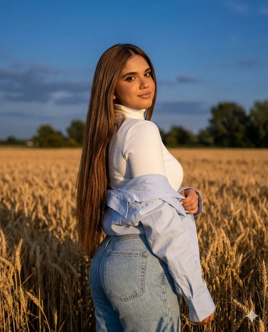 trend prompt: create the most realistic vertical fashion-feminine look: slender figure, slightly tanned skin, full lips, neat eyebrows, soft glamorous makeup, very long voluminous wavy hair thrown over one side, cold taupe blush, nude pink matte lips, realistic skin texture.
Photorealistic golden hour fashion photography of a girl in a wheat field, shot with a Hasselblad X2D II 100C, 50mm lens, f/1.8, vertical frame 4:5, cinematic low angle shot slightly below and side. The girl stands half-turned with her back to the camera in the middle of a golden field, her head is gracefully turned to the camera, a slight confident half-smile with a slight flirtation. One hand freely holds an oversized shirt pulled down from her shoulders, the pose is natural and feminine.
She wears a white tight-fitting T-shirt with thin straps without logos and prints, light denim shorts with a high rise and an untreated hem without logos, a pale blue oversize shirt without logos and inscriptions carelessly pulled down from one shoulder. The hair is very long, thick, perfectly straight with a soft natural shine, smoothly falling down the back to the waist.
The skin is even, radiant, with a light natural tan and warm golden glow from the setting sun, realistic skin texture, natural pores without plastic skin.
In the background is an endless wheat field, dark trees in the distance and a deep blue evening sky with soft clouds. Warm sunset light beautifully illuminates hair and body contour, cinematic golden hour col