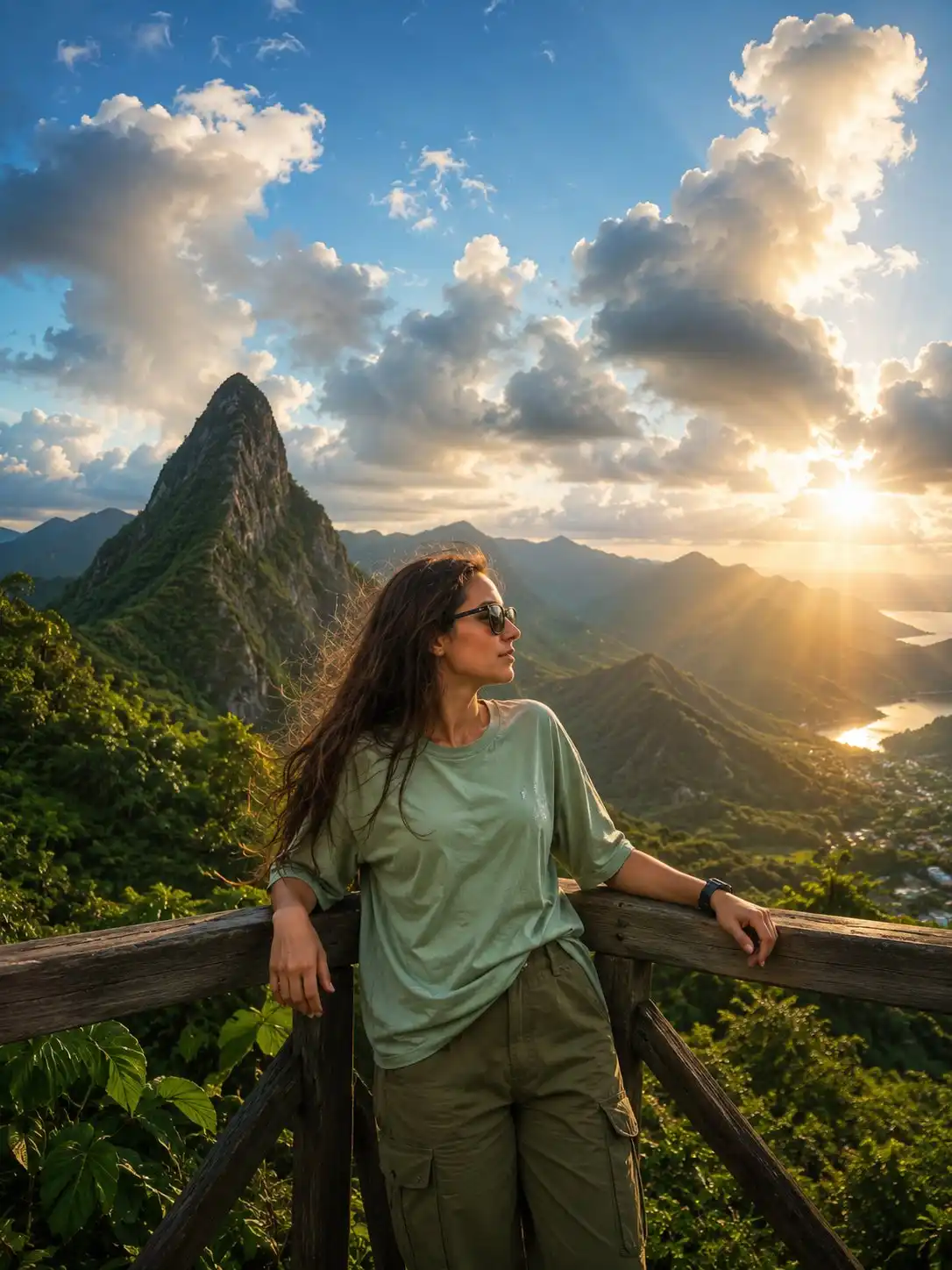 trend prompt: Ultra-realistic cinematic travel portrait of a young man standing at a wooden mountain viewpoint during golden hour, overlooking a vast tropical valley filled with lush emerald-green vegetation and dramatic mountain ridges. The subject has short dark brown wavy hair, light stubble, and wears black sunglasses, a relaxed-fit sage-green oversized t-shirt, olive cargo pants, and a black smartwatch.
He is casually leaning against a rustic wooden railing, with one hand resting on the railing and the other in his pocket, body slightly angled while looking toward the right side of the frame with a calm, confident, and contemplative expression.
The background features a striking pointed mountain peak covered in dense greenery, layered mountain ranges fading into atmospheric haze, and a distant coastline with reflective water illuminated by the setting sun. Massive fluffy cumulus clouds fill the sky, with intense golden sunlight breaking through them, creating dramatic sun rays, volumetric lighting, and warm highlights across the landscape.
Highly detailed tropical foliage surrounds the viewpoint, adding depth and natural texture. The scene has rich HDR lighting, realistic shadows, natural skin tones, atmospheric perspective, and cinematic color grading. Vibrant greens contrast beautifully with the deep blue sky and warm golden sunlight. Soft wind movement is visible in the subject's hair and clothing.
Professional DSLR photography, ultra-realistic, travel photography aesthetic, wide-angle composition, environmental portrait, shallow atmospheric depth, sharp focus, 8K detail, photorealistic, cinematic mood, National Geographic style, premium Instagram travel content, masterpiece quality, high dynamic range, 3:4 aspect ratio.
Negative Prompt
blurry, low resolution, low quality, overexposed, underexposed, cartoon, anime, CGI, unrealistic skin, extra limbs, extra fingers, deformed hands, distorted face, duplicate body parts, bad anatomy, cropped head, watermark, logo, text, oversaturated colors, artificial lighting, flat lighting, noisy image, motion blur, out of focus, poorly rendered background, unrealistic mountains, plastic skin.