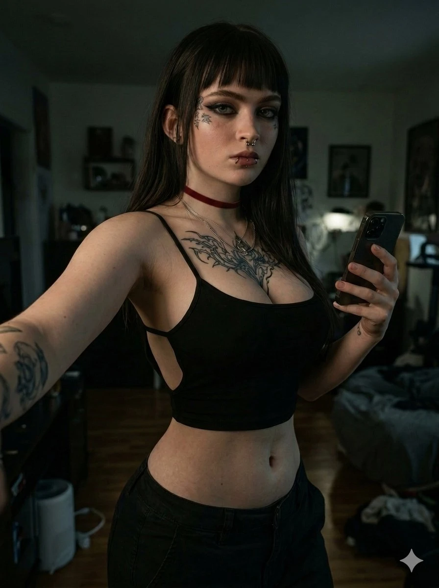 trend prompt: A highly detailed, photorealistic selfie total body of a stunning Megan Fox with fair skin, long dark hair with straight bangs, and striking alternative/gothic style. She has heavy dark eyeliner, Japanese tattoos near her eyes, multiple facial and body piercings (including lip and septum), and visible intricate black tattoos on her chest and neck. She wears a red choker with a pearl pendant, layered necklaces, and a red tight sleeveless long crop tank top, loose-fitting with thin straps and a deep side cutout prominently visible revealing skin. She is holding a smartphone in one hand, capturing the selfie with a direct, intense gaze at the camera in a dimly lit indoor setting.. Photorealistic, high-resolution alternative/glamour photography, moody cinematic lighting, sharp focus on facial features, tattoos, and piercings, realistic skin texture and hair details, dark and seductive mood.. Tight close-up selfie-style shot focusing on her face, upper chest, tattoos, and piercings. Moody, low-key lighting with strong shadows and soft highlights on skin and jewelry, creating an intimate and edgy atmosphere.. Dimly lit indoor room with dark background and subtle ambient lighting.. Black choker, layered necklaces, black top.. Beautiful woman in her early-to-mid 20s, alternative style, dark hair with bangs, heavy makeup, multiple tattoos and piercings, captivating direct gaze.. Smartphone held in hand.. Add a small, elegant tattoo reading 'Keor' in delicate, artistic script on her body. Place it tastefully on the side of her neck or upper chest area near the existing tattoos, using fine black ink that appears realistic and naturally integrated with her other body art.. 8K. Extremely detailed hair strands, skin texture with natural pores and highlights, realistic tattoo ink and piercing details, including the new 'Keor' tattoo, and authentic low-light selfie aesthetic.. Photorealistic close-up selfie of a beautiful alternative woman with dark hair, bangs, heavy makeup, piercings and chest tattoos, holding a phone and looking directly at camera, moody dim lighting, add small elegant 'Keor' tattoo on her neck or upper chest --ar 2:3 --v 6 --q 2 --stylize 250
