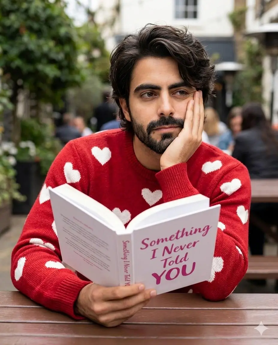 trend prompt: A young man with dark, textured hair and a beard is resting his cheek on his right hand while sitting at a brown wooden table outdoors. He is wearing a red knitted sweater adorned with white heart patterns. In his left hand, he holds an open white book titled *"Something I Never Told YOU"* in pink lettering on the cover, with the text visible on the back side of the book. The setting is blurred in the background, focusing attention on the person and the book.