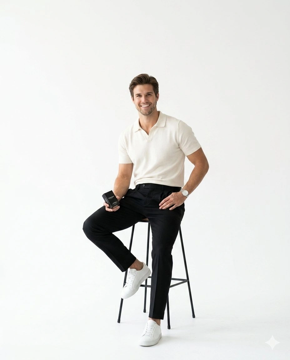 trend prompt: Create a full-body minimalist editorial portrait using the uploaded person's face and identity. The subject is sitting casually on a tall black metal stool, facing the camera with a relaxed posture and a genuine confident smile. One hand rests naturally on the thigh while the other holds a small black product box/book near the lap. The outfit consists of a premium off-white knit polo shirt with subtle collar detailing, tailored black pleated trousers, clean white sneakers, and a simple silver wristwatch.
The setting is a seamless pure white studio with a high-key aesthetic, lots of negative space, and no distractions. Soft diffused natural light creates gentle shadows while maintaining a bright, luxurious, Scandinavian-inspired editorial look. The composition is centered with the entire body visible from head to toe, leaving significant empty space above for typography or branding.
Photorealistic, ultra-detailed skin texture, premium fashion campaign quality, 85mm lens, eye-level camera angle, shallow depth of field, crisp focus, natural proportions, clean minimal styling, modern personal branding photography, cinematic color grading, 8K, magazine-quality, luxury lifestyle aesthetic.
Important: Preserve the uploaded person's exact facial features, hairstyle, skin tone, and identity while only changing the pose, clothing, and environment to match this composition