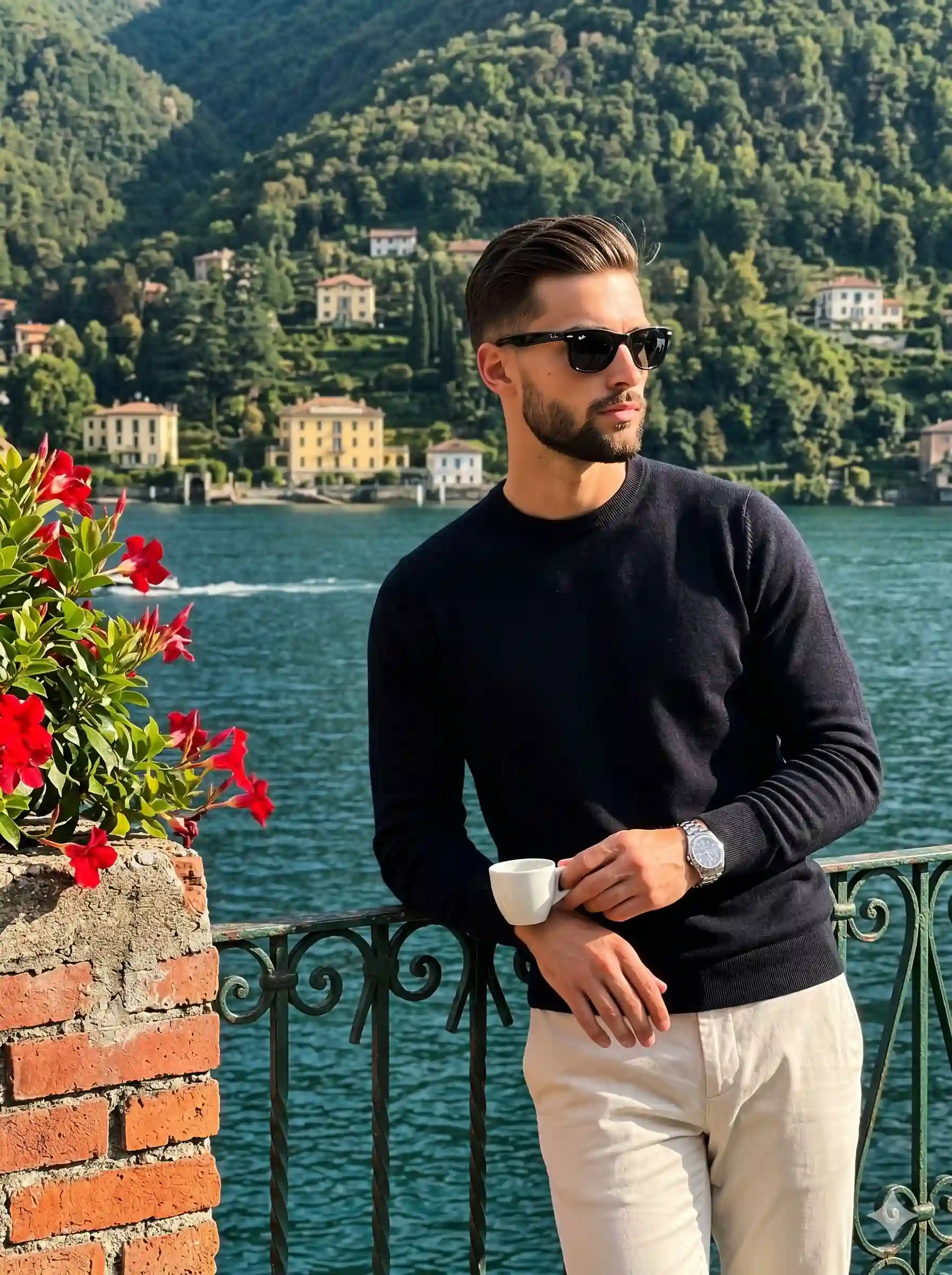 trend prompt: A young adult male stands positioned in the right rule of thirds, projecting a confident and serious demeanor with a closed neutral mouth and his gaze directed off-camera to the right, hidden behind black wayfarer sunglasses. He is dressed in a dark navy-black crewneck sweater and light cream-colored trousers. His head is turned right while his body angles forty-five degrees left, his weight shifted casually onto his hips as he leans. His shoulders are relaxed, with the right shoulder sitting slightly lower than the left. His classic side-parted hair, tapered to an inch on the sides and leaving three inches on top, is combed back and to the right with a medium-hold styling product that yields a subtle sheen; the smooth, slightly wavy texture features distinct individual strands that catch the light, creating a delicate halo of natural flyaways around a clean hairline and a well-groomed short stubble beard connecting to his sideburns. His left hand rests on a railing, wearing a silver link wristwatch while holding the base of a small white ceramic espresso cup with the thumb and index finger visible. His right hand rests gently over his left wrist and the base of the cup, with relaxed fingers naturally draped in an organic gesture. In the immediate foreground, a weathered, dark green vintage wrought iron railing with decorative twisted uprights and swirling scrollwork spans the width of the frame. To the left foreground, vibrant red blooming flowers with bright green leaves thrive as they spill over a rough, unfinished matte terracotta red brick pillar marked by patchy grey mortar and weathered aging. Beyond the railing, the deep spatial depth reveals a pristine midground of deep blue-green lake water textured by subtle ripples and a distant boat wake. The expansive background rises into steep, densely forested green mountains dotted with traditional Italian villas featuring yellow and white facades beneath terracotta roofs. The scene is bathed in bright, highly directional natural sunlight striking from a forty-five-degree side and top-left angle, cultivating a warm, golden, and sophisticated Italian Riviera vacation mood. This single source of hard light creates a high-contrast environment with harsh, defined deep black shadows falling under his chin, down the right side of his torso and right leg, and casting directly onto the sweater from his arm. Brilliant preserved highlights carve a strong rim light along his left shoulder, left cheek, and left arm, accompanied by crisp specular highlights glinting off the silver watch face and the sunglasses. The complementary color palette balances the heavy navy and cream of the subject against the expansive lake teal, forest greens, and striking vibrant red floral accents. Captured as a realistic digital photograph with a straight-on perspective, the image utilizes a 35mm to 50mm full-frame lens locked onto the subject's face at f/5.6 to f/8, maintaining tack-sharp focus on the man while rendering the deep depth of field with a slightly soft yet highly recognizable background clarity. The clean, old-money luxury aesthetic is refined in post-processing with an enhanced contrast curve to deepen shadows, a slightly warm golden hour white balance, saturated blues and greens for the water and foliage, and pushed red luminance to make the flowers pop, all seamlessly framed in a 3:4 aspect ratio.