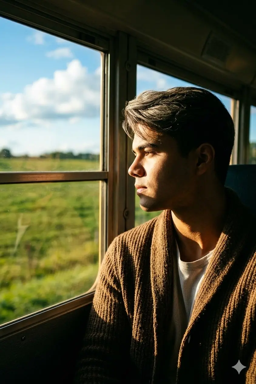 trend prompt: Google Gemini
"Cinematic high quality side-profile portrait of a serene young man sitting by a bus window, looking out at the passing landscape. He is bathed in warm, intense golden hour sunlight that creates a glowing rim light on his face and brown hair. He wears a cozy, textured knit cardigan or shawl over her outfit. The view outside the glass window features a soft-focus, blurred green countryside under a bright blue sky with dramatic, fluffy white clouds. Moody interior shadows, shot on 35mm lens, photorealistic, 8k resolution, natural lighting, candid shot."
