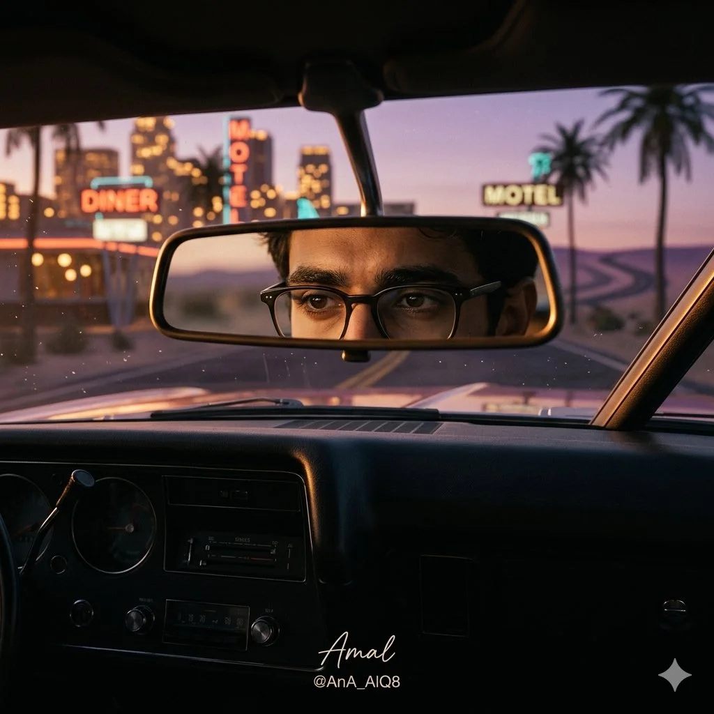 trend prompt: A cinematic 1980s vintage car interior at sunset. The rear-view mirror dominates the composition, reflecting only the man's eyes and eyebrows from the reference portrait. Outside the windshield, blurred neon signs, palm trees, and warm retro city lights create a nostalgic dreamlike atmosphere. The mirror reflection is perfectly sharp while the surrounding world melts into creamy bokeh. Moody storytelling, retro Americana aesthetic, 35mm film photography, Kodak film colors, subtle grain, cinematic shadows, luxury fashion editorial, mysterious and elegant visual narrative, photorealistic masterpiece.
A faint desert highway stretching into the horizon is visible through the windshield, symbolizing a journey into the unknown, while the eyes reflected in the mirror remain the emotional focal point of the image.