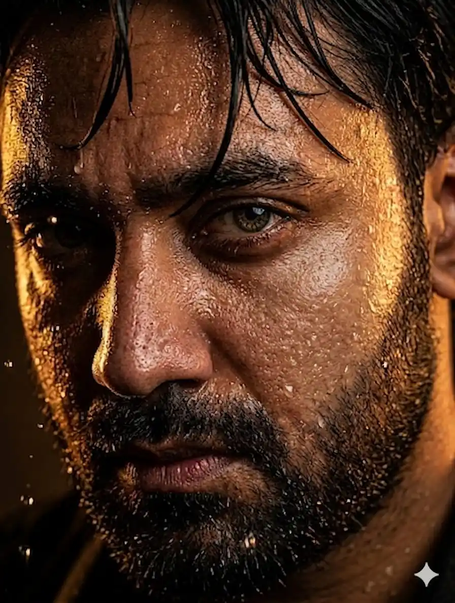 trend prompt: A macro cinematic 8K portrait of a rugged man, focusing on the intense, sharp detail of a single eye and iris. His skin and thick beard are glistening with wetness, captured with extreme tactile texture. Individual wet strands of hair fall loosely across his face. Shot on a 50mm lens with a shallow depth of field. Dramatic, high-contrast chiaroscuro lighting, where warm orange and golden hour highlights illuminate individual moisture droplets against deep, atmospheric shadows. Raw, photorealistic, and emotionally powerful.