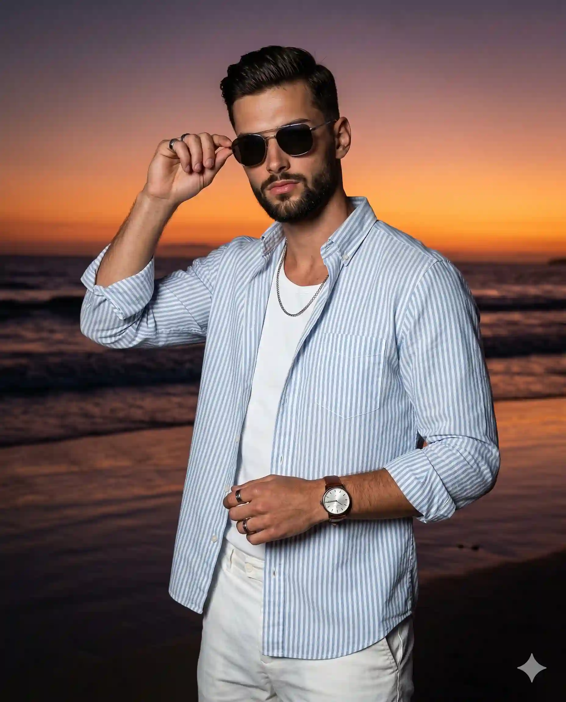 trend prompt: A confident young bearded man stands anchoring the left-center of the composition, turned at a relaxed 45-degree angle with his thick, textured, wavy hair blown slightly by the coastal wind. He is dressed in a loose, unbuttoned light blue and white vertically striped shirt layered over a white tee, paired with white trousers, and accessorized with a thin silver chain resting on his chest. His left hand is relaxed and mostly out of frame, while his right hand, adorned with silver rings and a silver watch with a brown leather strap, is raised to his face. His index finger and thumb lightly grip the metallic bridge and top frame of his dark-tinted sunglasses in a deliberately posed yet natural gesture. Behind the dark lenses, his facial expression is composed and relaxed, with loosely closed lips conveying a quiet confidence. He is situated within a deep, expansive beach setting at dusk. In the immediate foreground, smooth, wet beach sand forms dark, reflective gradients from the receding water. Behind him, the midground opens up to an expansive ocean with active gentle surf, reflecting the vivid sky and leaving traces of white sea foam along the shoreline. The background sky stretches wide, accented by wispy clouds in the top left that catch the faint pink and orange light of the fading sun. A serene, moody twilight atmosphere dominates, driven by moderately directional, warm soft backlighting from the sun dipped just below the horizon, washing the sky in deep dusk purples and vibrant sunset oranges. This dramatic backlighting casts deep black, gradually edged shadows across the front of the subject that project toward the viewer, creating a high-contrast silhouette against the vibrant background. Subtle, golden highlights catch the distant horizon water, the metallic watch bezel, the rim of the sunglasses, and create a delicate rim light tracing the edges of his textured hair. Captured as realistic digital photography with a deep depth of field that separates the subject through luminous contrast rather than heavy blur, the scene embodies a minimal, lifestyle aesthetic shot straight-on. The post-processing features warm color grading, enhanced saturation on the sunset tones, slightly crushed shadows, and a slightly soft sharpness textured by atmospheric digital noise and film grain, all seamlessly framed in a 4:5 aspect ratio.