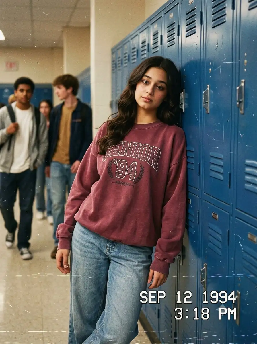trend prompt: Use the uploaded person as the exact character reference with full facial identity preservation. Maintain the exact face, facial structure, eyes, nose, lips, skin tone, hairstyle, hairline, age, body proportions, and all unique features with 100% accuracy and realism.
The character is casually leaning against a row of classic blue high school lockers in a busy American school hallway. Wearing an oversized vintage sweatshirt, loose-fit denim jeans, and casual sneakers. Natural eye contact with the camera, relaxed posture, authentic candid moment between classes.
Background filled with students walking through the hallway, slightly motion blurred for realism. Classic 1990s American high school atmosphere.
Captured as a genuine VHS camcorder screenshot from the late 1990s. Timestamp overlay in the corner, subtle analog distortion, scanlines, film grain, tape noise, chromatic aberration, dust particles, and slight motion artifacts. Warm nostalgic color grading, soft natural lighting, documentary-style composition.
Ultra-realistic photography, highly detailed textures, authentic retro aesthetic, cinematic depth of field, realistic skin texture, natural shadows, photorealistic masterpiece.
Aspect Ratio: 3:4