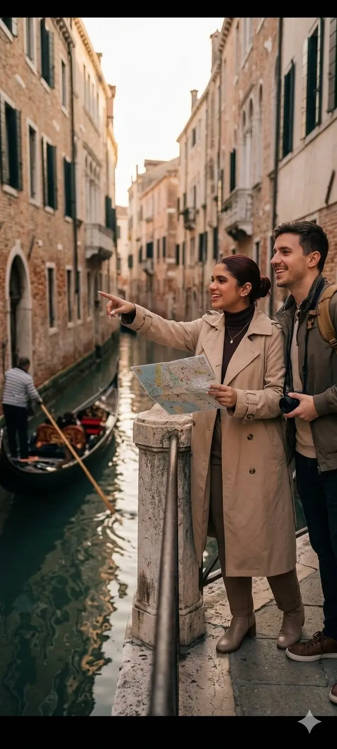 trend prompt: VENICE LOST TOGETHER
Transform the uploaded photo into an ultra realistic candid photo in Venice. The couple is wandering through narrow canals and old stone bridges, looking slightly lost but happy. Soft afternoon light, authentic Italian architecture, cinematic travel photography, spontaneous vacation moment, realistic textures and proportions.