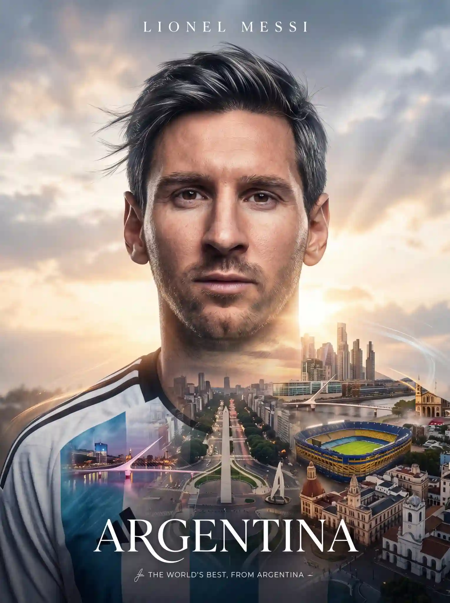 trend prompt: Ultra-premium cinematic double-exposure poster featuring an elite football icon Lionel Messi, captured in a powerful three-quarter pose with a calm yet determined gaze. The portrait dominates the composition, showcasing striking facial features, expressive eyes, and ultra-realistic skin detail. Inside his silhouette unfolds an immersive world of travel, culture, and football excellence. Seamlessly integrate a breathtaking Argentina panorama within the portrait, featuring elegant boulevards, illuminated bridges, modern architectural masterpieces, historic districts, vibrant waterfronts, cultural landmarks, and a world-class football arena. The cityscape should feel organically woven into the athlete's identity, symbolizing ambition, movement, and global influence. Atmospheric dawn lighting with warm amber sunlight breaking through soft clouds, cinematic haze, volumetric beams, subtle lens reflections, and realistic environmental depth. Dynamic layers of architecture, urban textures, and distant skylines create a sense of scale and discovery. Flowing motion elements, wind-swept hair, and subtle energy trails add elegance and momentum. Luxury fashion campaign aesthetic combined with elite sports storytelling, premium tourism advertisement quality, sophisticated editorial art direction, minimal high-fashion typography placement, refined composition, rich contrast, cinematic color grading, photorealistic rendering, hyper-detailed textures, realistic reflections, magazine-cover sophistication, global superstar energy, inspiring travel narrative, contemporary luxury branding, blockbuster promotional artwork, award-winning visual design, masterpiece quality, ultra-high resolution, 8K.