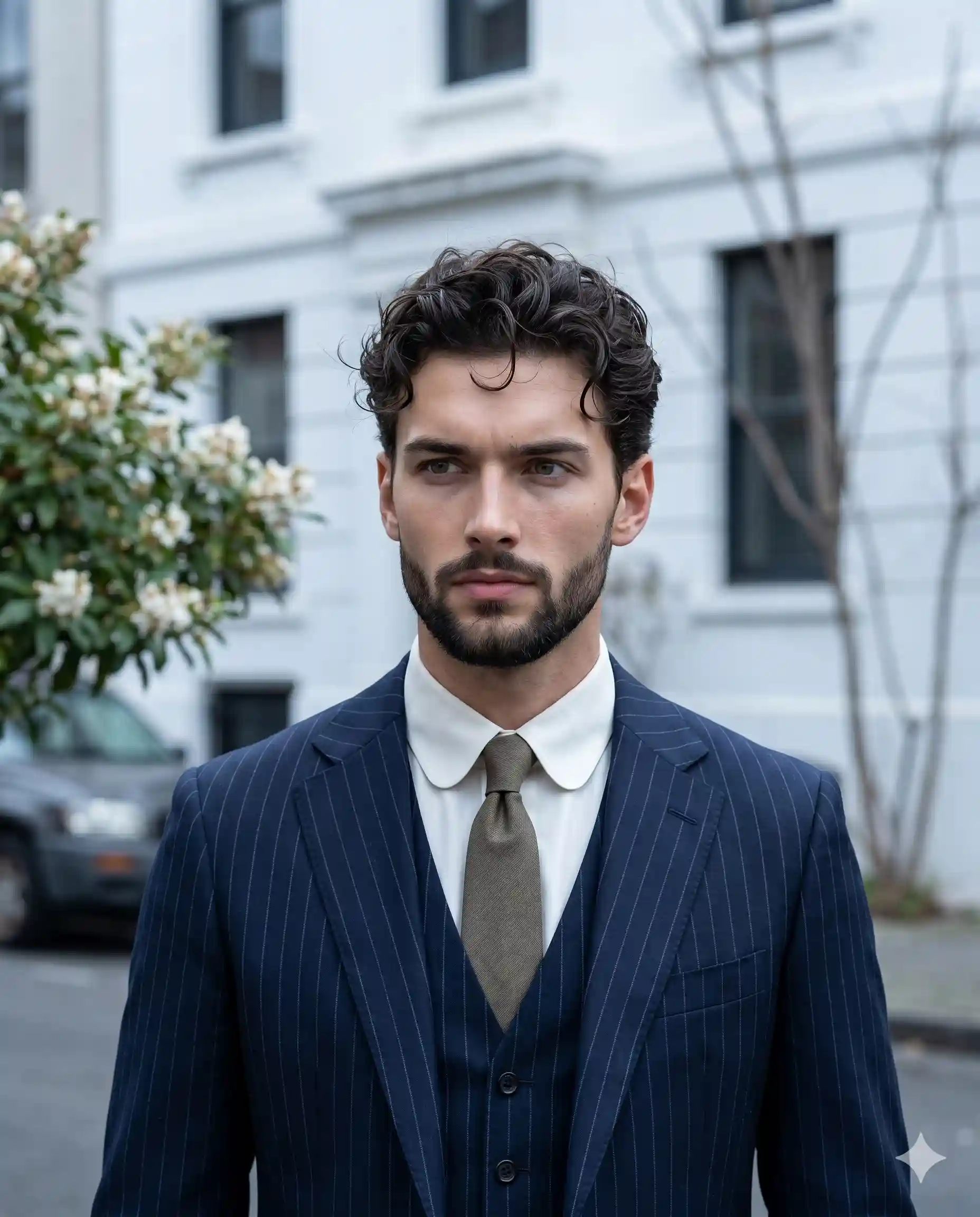 trend prompt: A photorealistic editorial street style portrait features a handsome young man standing centered and facing the camera with level shoulders, exuding a serious, sophisticated aura. His expression is anchored by slightly furrowed brows and a closed, unsmiling mouth as he gazes thoughtfully off-camera to the left. He has dark, wavy, textured curly hair styled with a matte finish, retaining natural imperfections like delicate stray flyaways and loose curls falling gently across his forehead. He is sharply dressed in a dark navy blue pinstripe suit and vest over a crisp, bright off-white club collar shirt and a taupe-olive tie, creating a striking visual hierarchy that draws the eye directly to his warm skin tones and sharp facial structure. He stands in a deep yet heavily blurred outdoor urban street setting where the shallow depth of field isolates him from the environment. In the softly out-of-focus left midground, a thriving bush displays clusters of pale white blossoms against dark green foliage. The distant background features a pristine, cool off-white painted masonry stucco building facade adorned with dark recessed rectangular windows and subtle architectural molding. Thin, weathered leafless tree branches reach upward on the right against the white masonry, while a worn dark gray parked vehicle rests in the distant left, all grounded by a solid dark gray concrete surface. The atmosphere captures a calm, brisk, and elegant urban moment, bathed in soft, cool, and beautifully diffused overcast natural light washing down from above. This single light source wraps the subject in a flat, low-contrast glow, casting faint, soft-edged shadows under his chin, directly under his nose, and lightly down the viewer's right side of his face. Subtle specular highlights gently catch the bridge of his nose, his forehead, and the textured strands of his hair, while a cool blue ambient fill softly desaturates the surrounding split-complementary color palette to emphasize his warm complexion. Captured on a digital 85mm lens at an aperture optimized for a brilliantly shallow depth of field with tack-sharp focus locked exclusively on his eyes, the medium close-up exhibits zero grain and a smooth, realistic texture. The composition utilizes an asymmetric rule of thirds balance, guided by meticulous post-processing that cools the highlights, desaturates the background, and lifts the black point for a clean, matte men's fashion editorial finish, all flawlessly framed in a 4:5 aspect ratio.