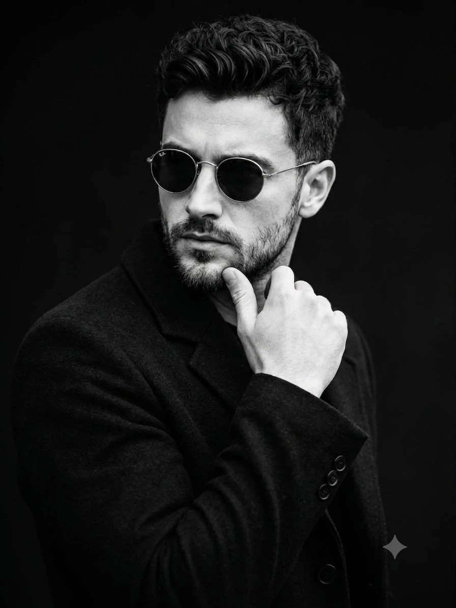 trend prompt: A dramatic, high-contrast black and white portrait of a handsome man with short, wavy dark hair and a well-groomed stubble beard. He is wearing classic round dark sunglasses and a sharp, textured black wool overcoat. Instead of looking over his shoulder, he is captured in a pensive, three-quarter side profile view, with one hand raised, fingers gently touching his chin in a thoughtful pose. The lighting is strong side-lighting (chiaroscuro) that sharply defines his jawline, facial features, and the texture of his coat, casting deep shadows. The background is a completely solid, matte black studio backdrop, creating a moody, sophisticated, and cinematic atmosphere. Cinematic film grain, sharp focus on the face.